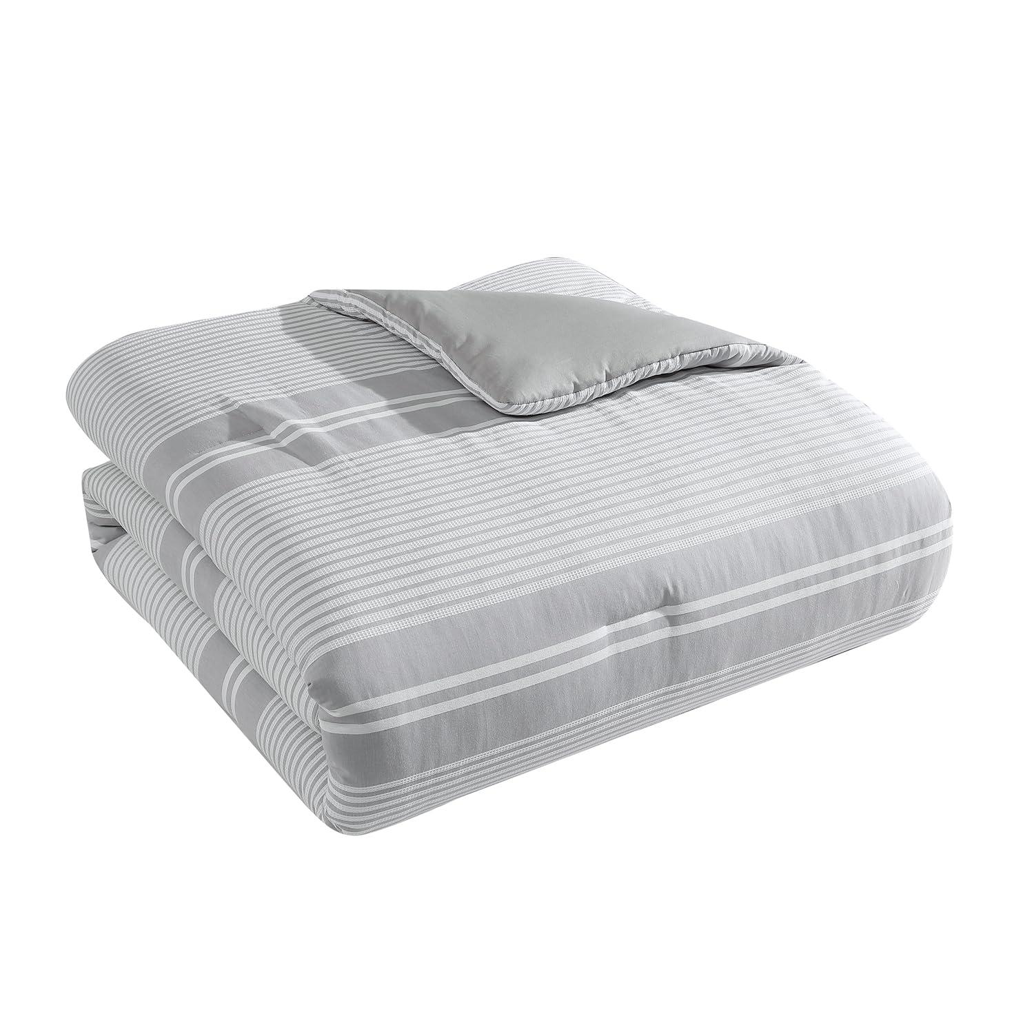 Tahari Gwen 3-Piece White/Grey Waffle Stripe Cotton Comforter Set