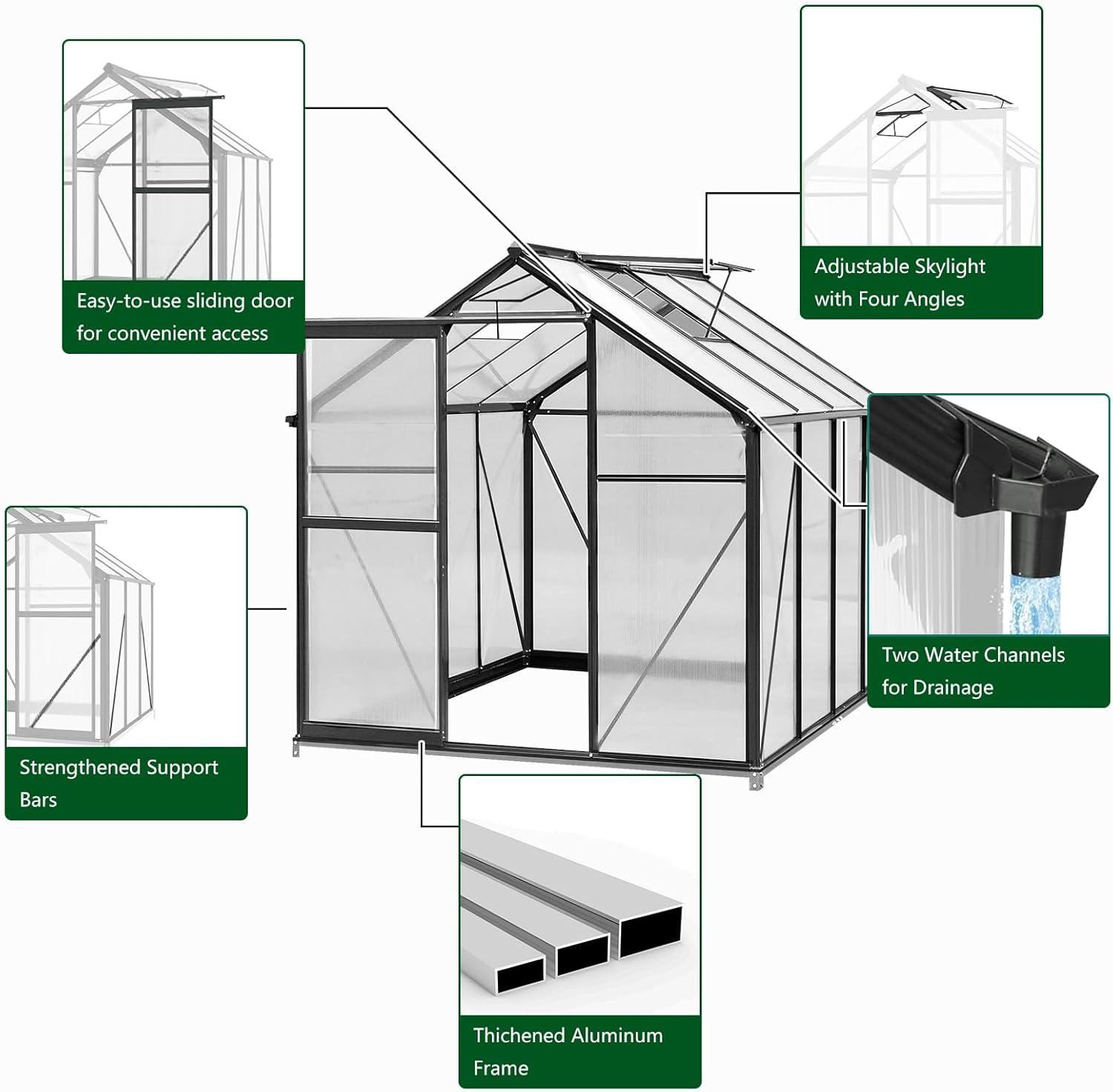 6 x 8 FT Black Aluminum Polycarbonate Greenhouse with Roof Vent