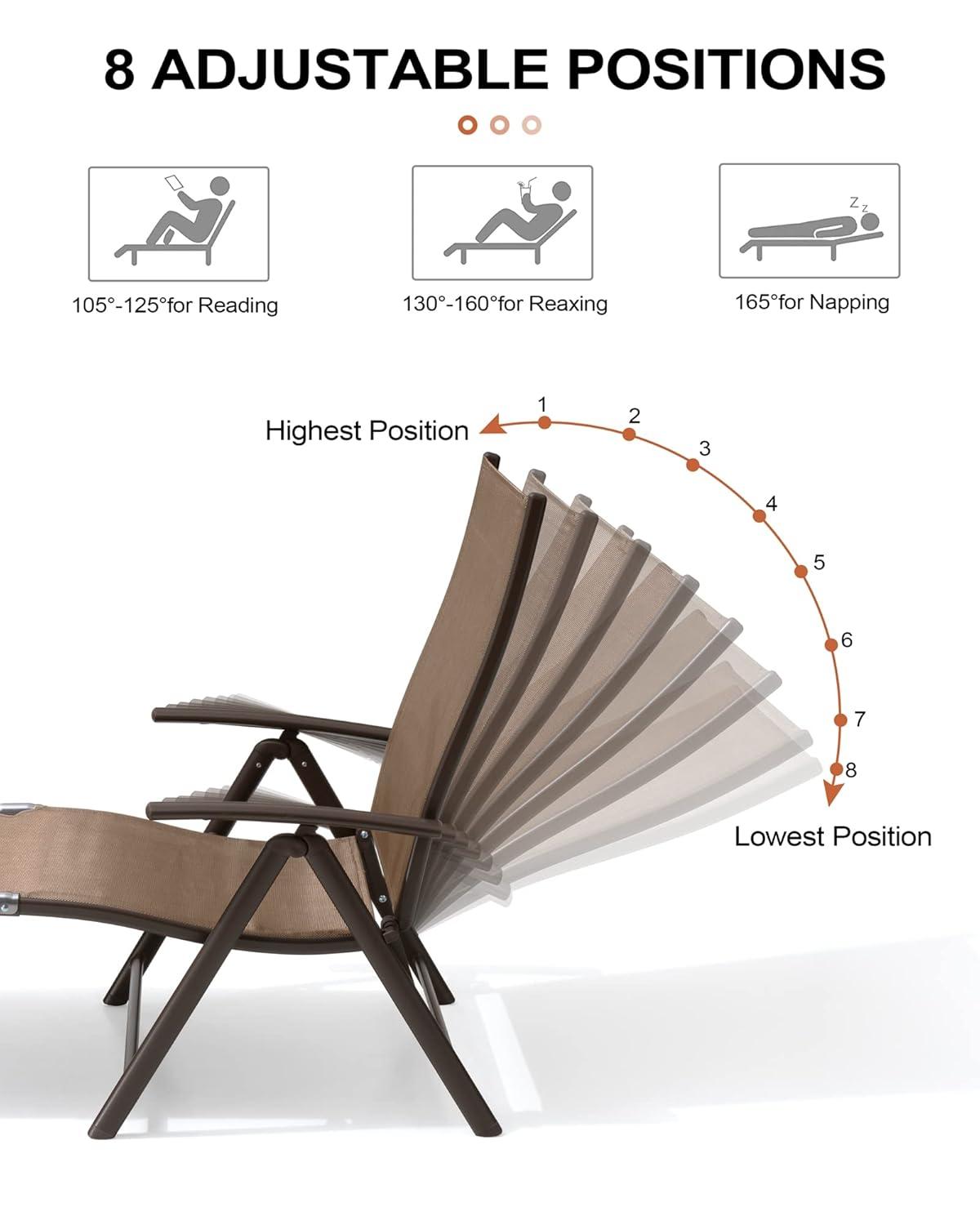 Crestlive Products  Outdoor Aluminum Folding Recliner Adjustable Chaise Lounge (Set of 2) - See Picture Brown Fabric, Brown Farme