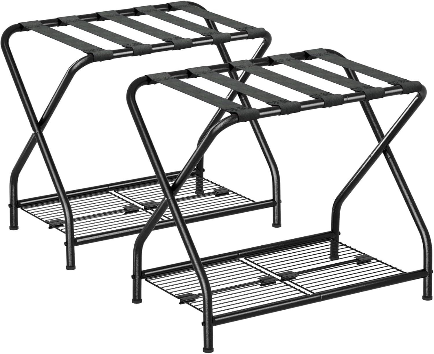 A Home Rack Set Of 2, Foldable Suitcase Stand With Storage Shelf, Metal Luggage Holder For Guest Room, Bedroom