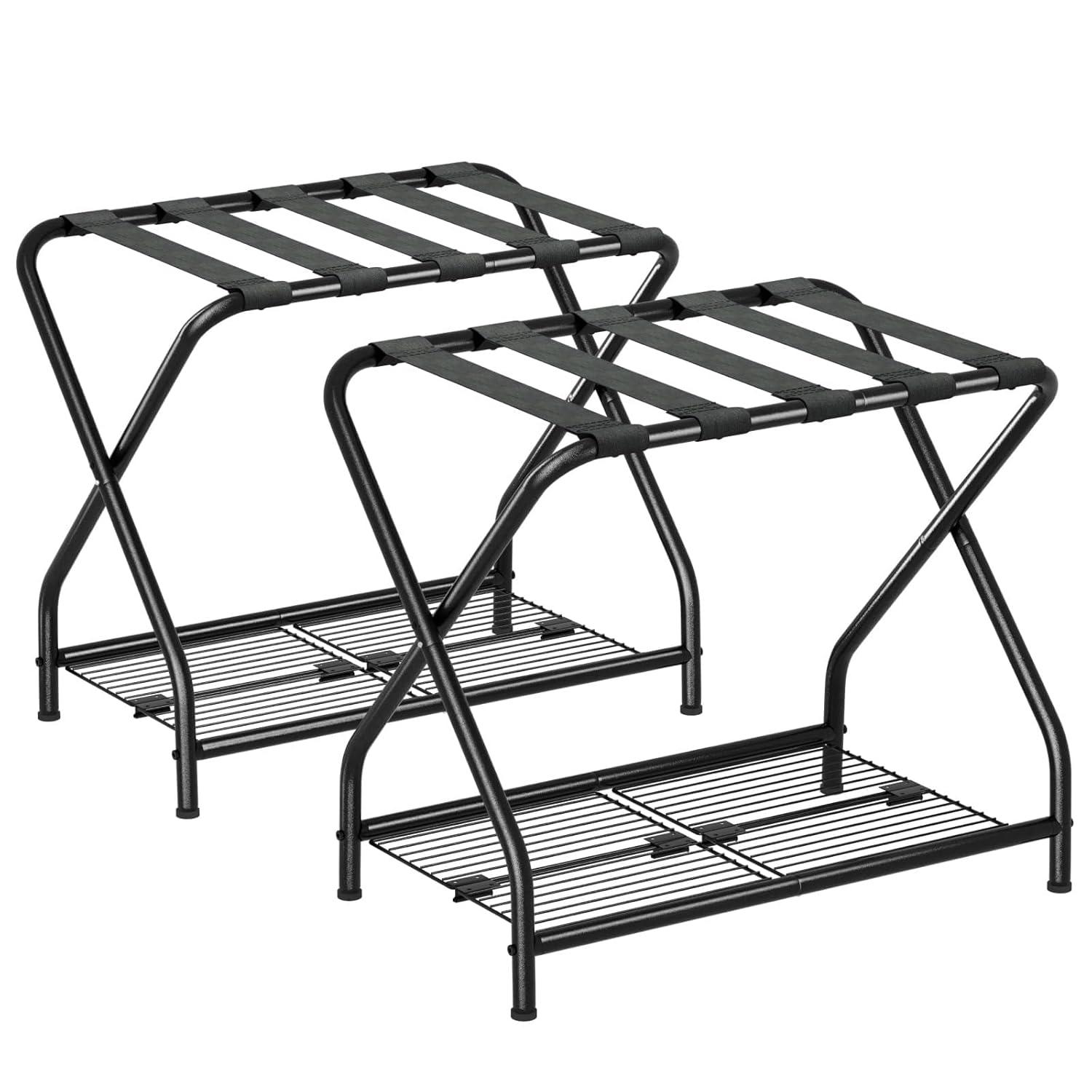 A Home Rack Set Of 2, Foldable Suitcase Stand With Storage Shelf, Metal Luggage Holder For Guest Room, Bedroom