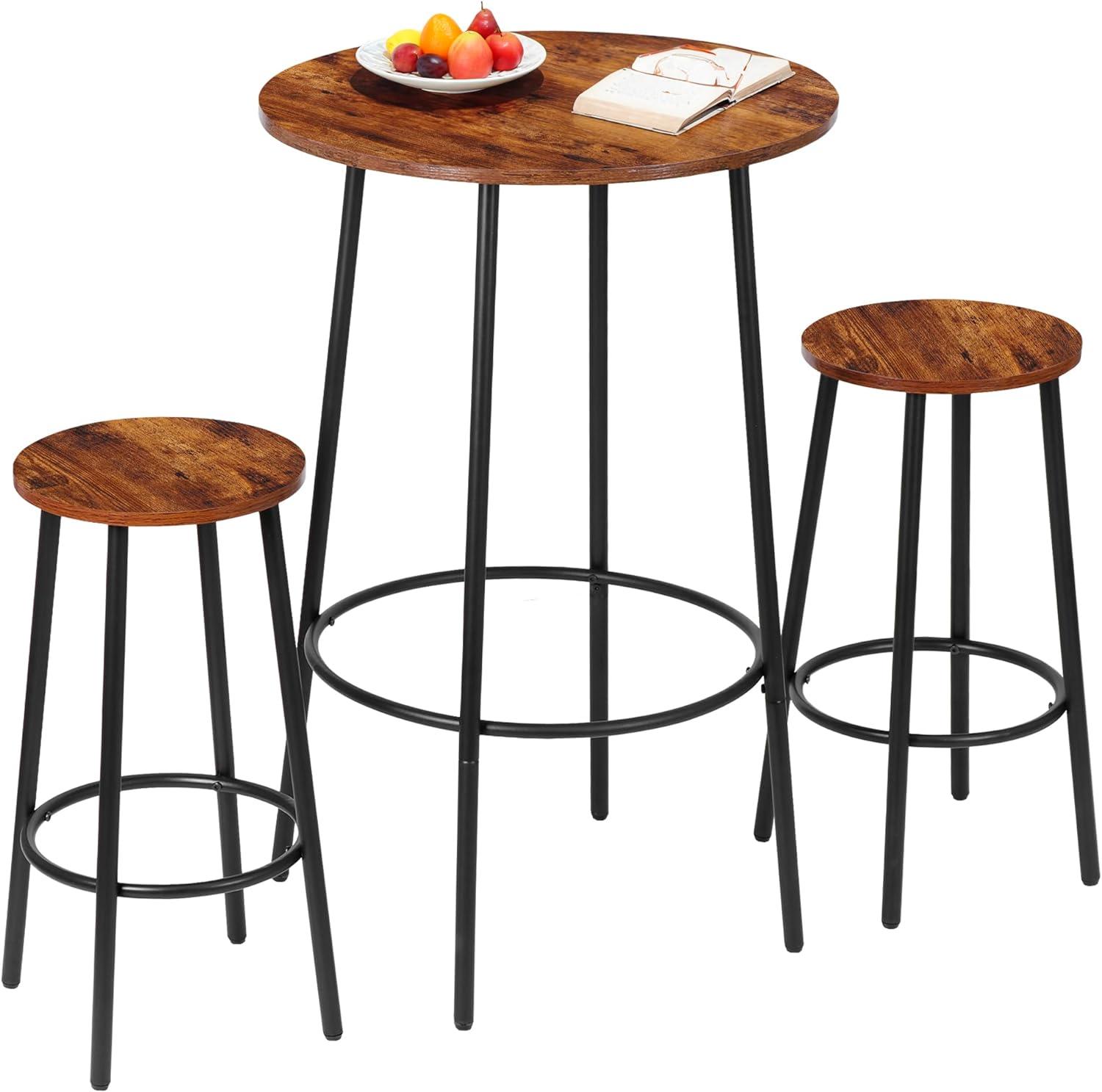 ZENSTYLE 3 Piece Pub Dining Table Set Wooden Round Breakfast Tables w/2 Bar Chairs Stools Brown