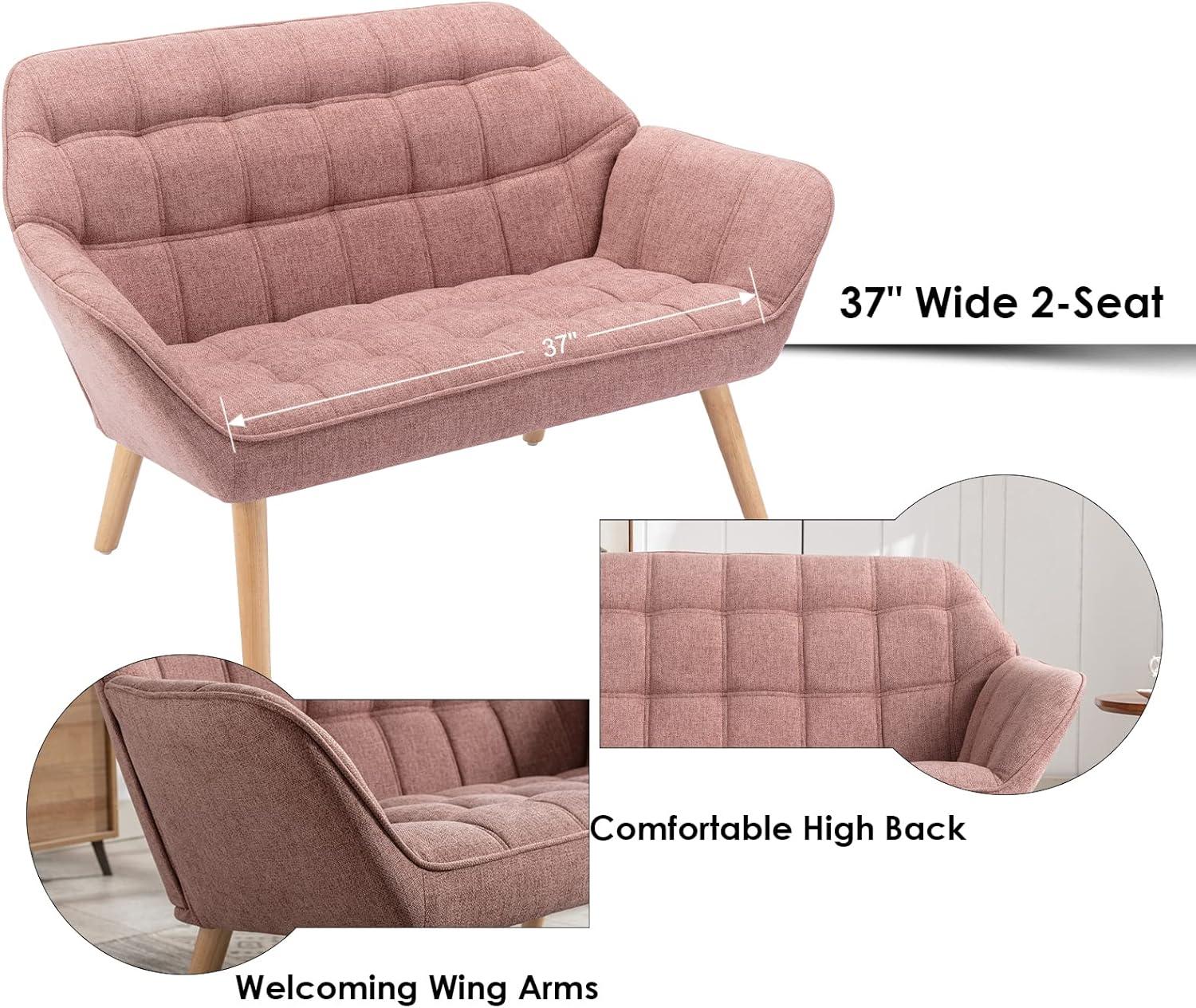 Pink Linen Plaid Loveseat with Wooden Legs