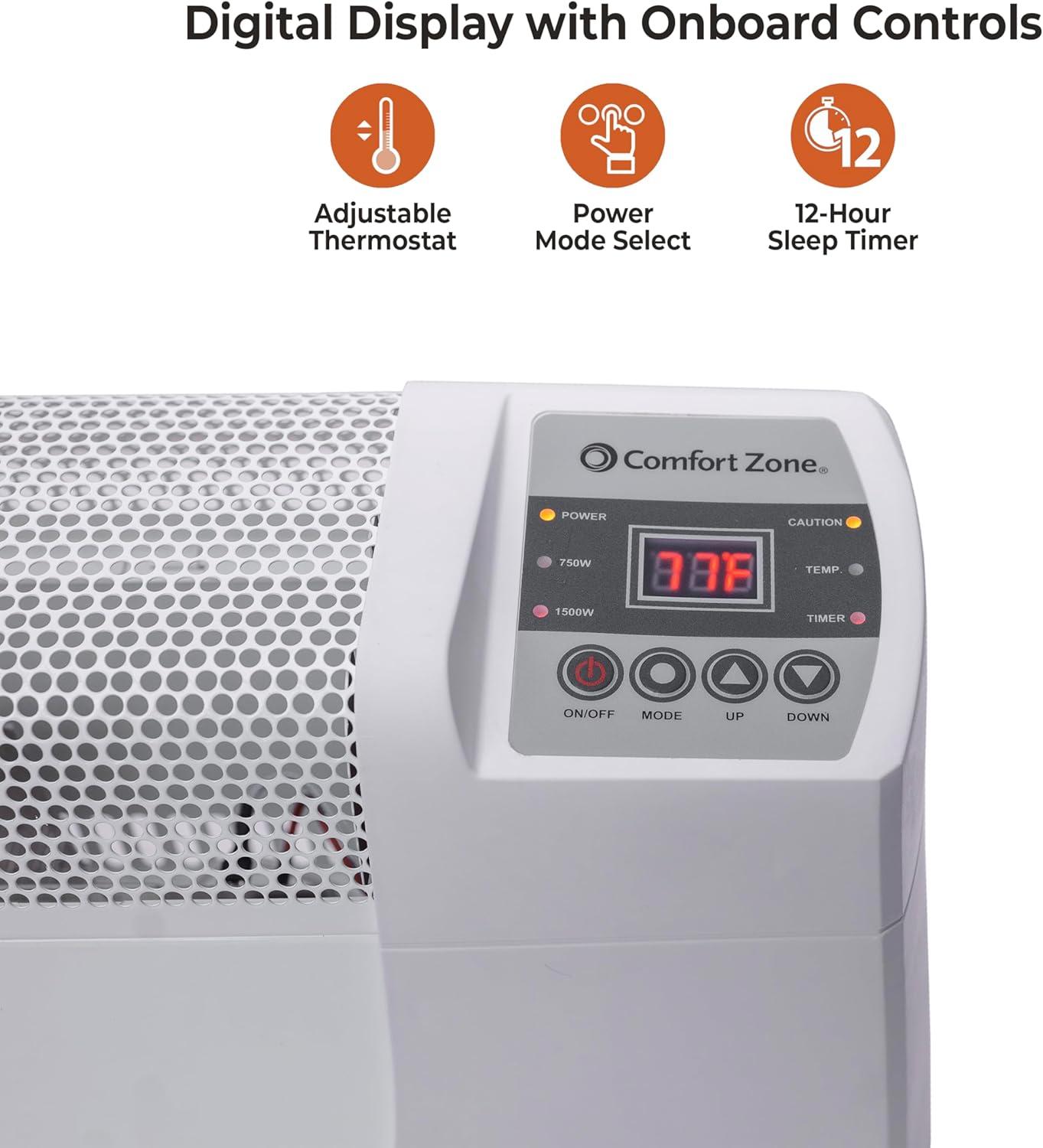 Comfort Zone Baseboard Space Heater with Digital Thermostat, Electric, Dent-Proof End Panels, Overheat Protection, Tip-Over Switch, & Stay-Cool Body, For Home, Bedroom, & Office, 1,500W, CZ650BWT