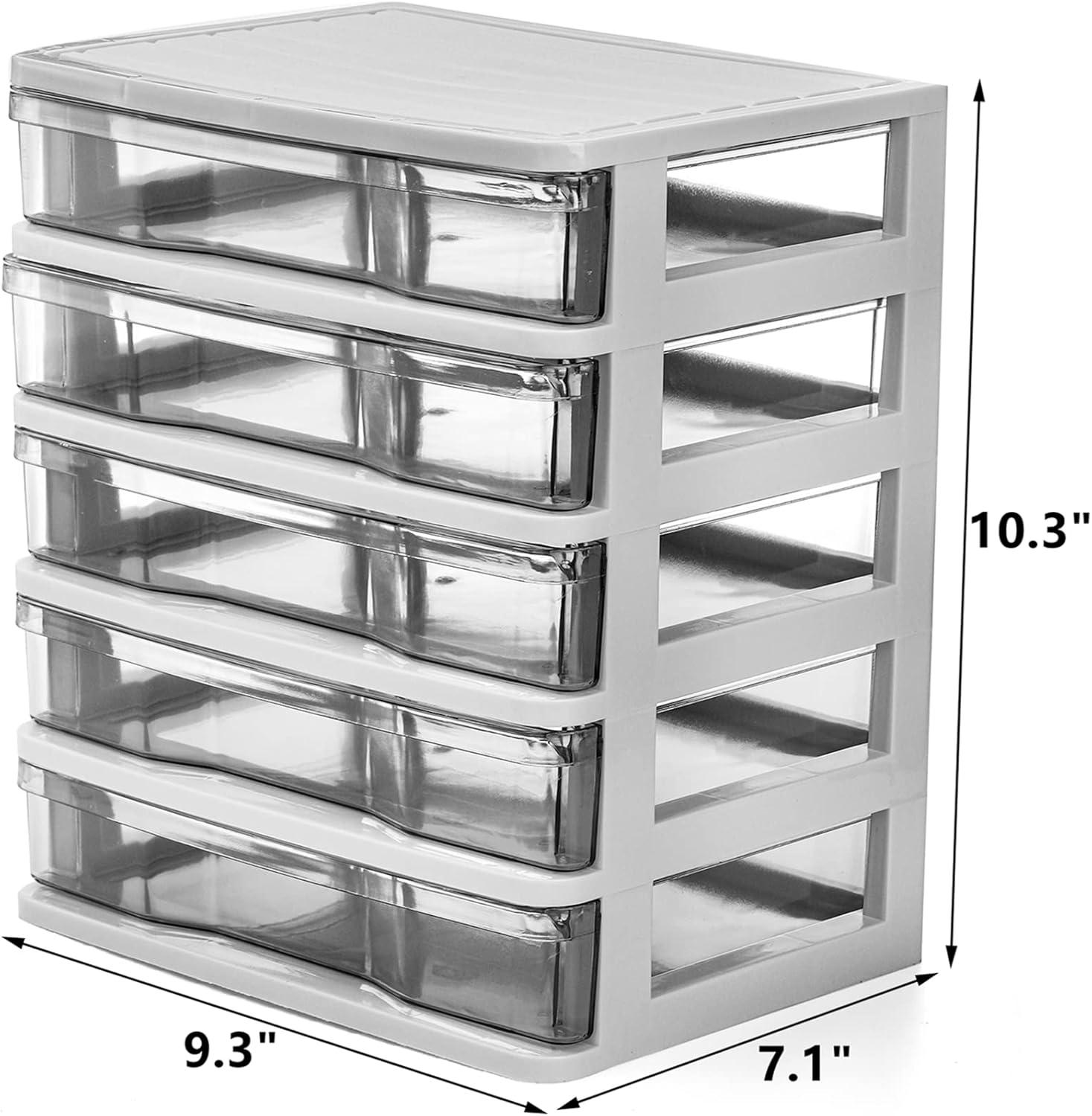 Compact White and Clear 5-Drawer Plastic Storage Organizer