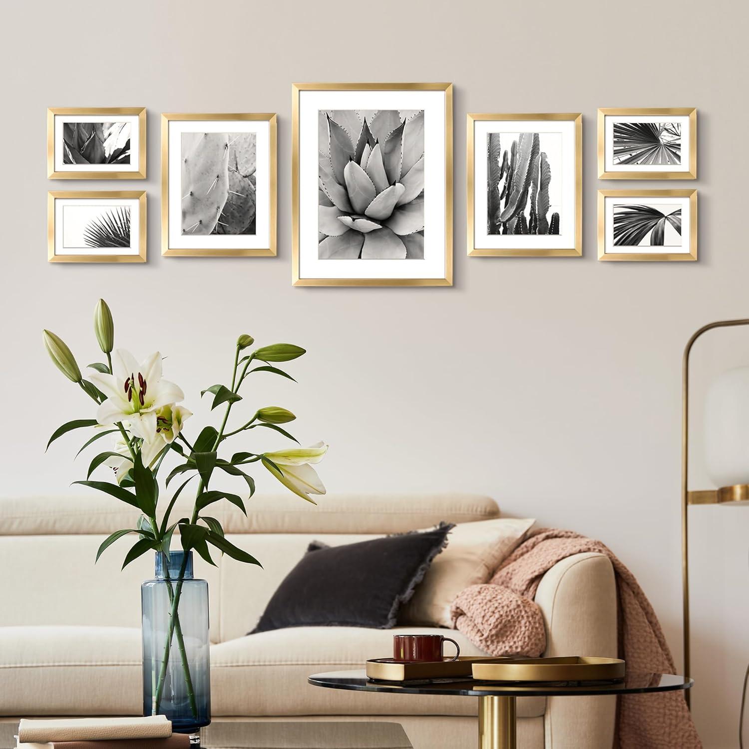 ArtbyHannah 7 Pack Gold Gallery Wall Picture Frames Sets with Decorative Botanical Art Prints for Photo Frame Collages for Home Decoration, Multiple Sizes 11x14x1, 8x10x2, 5x7x4