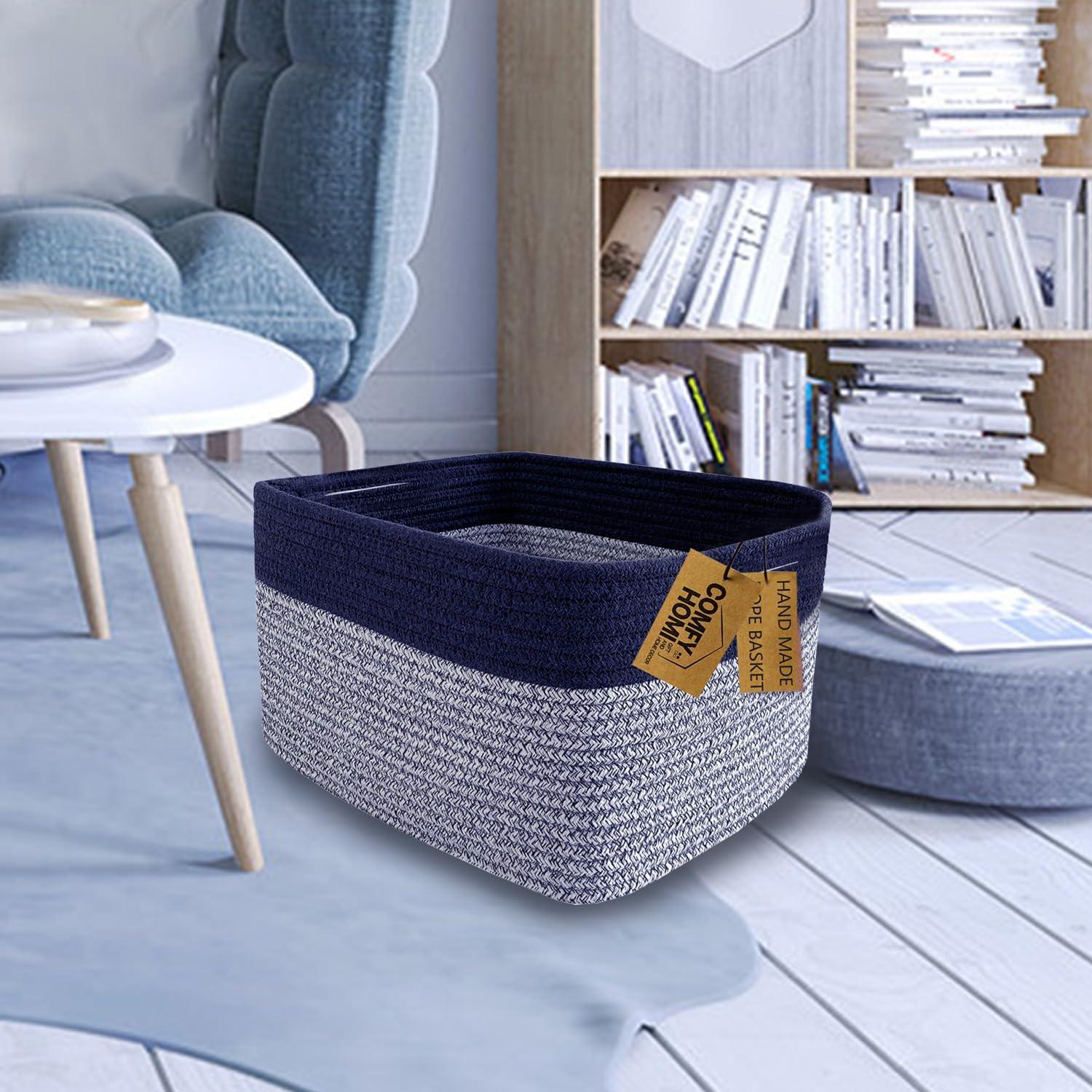 Design 3-Pack Storage Baskets for Shelves, Decorative Baskets for Organizing, Woven Baskets for Storage, Book Basket Cube Storage Bin Box, Pantry Closet and Shoe Organizers, Navy Blue