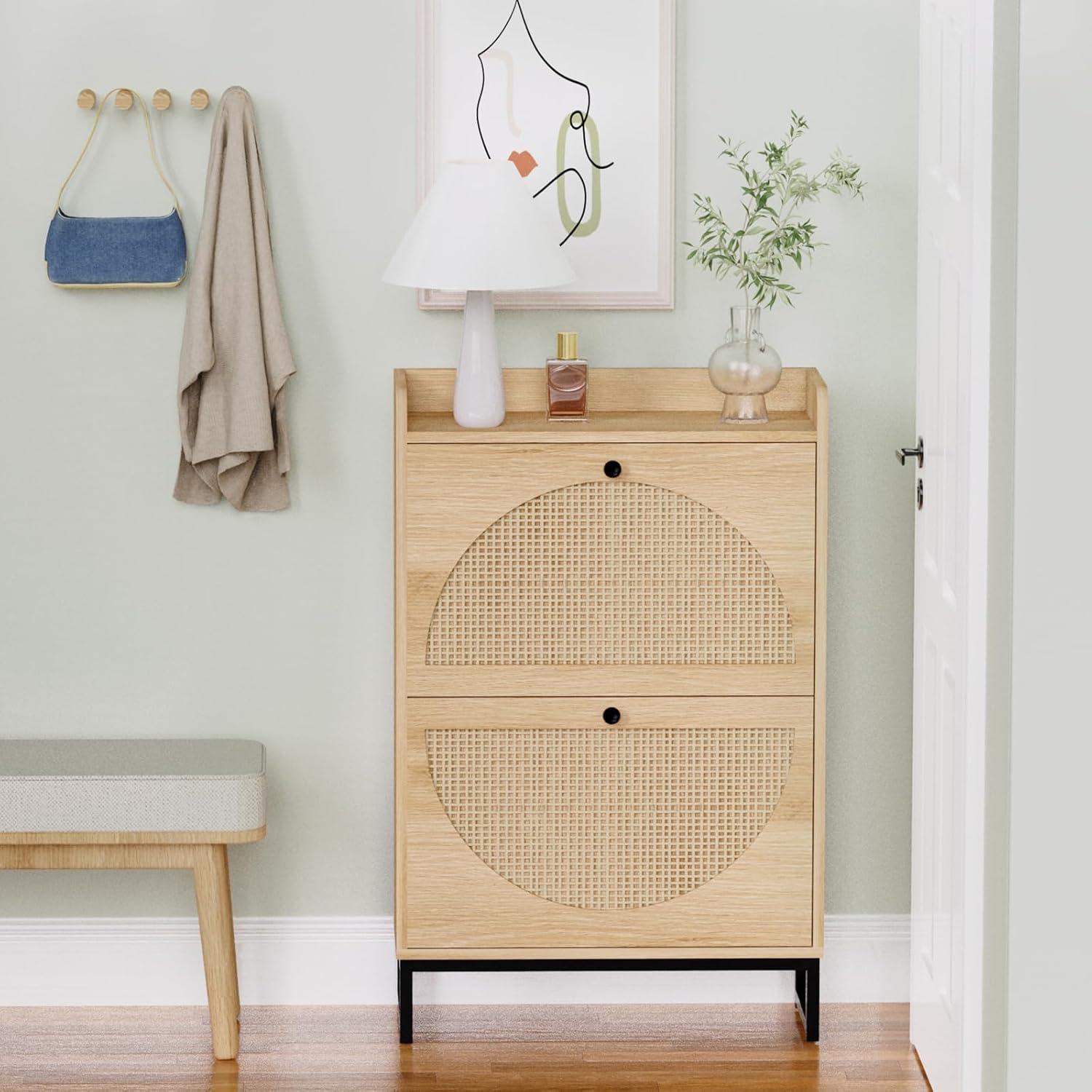 REHOOPEX Shoe Cabinet with 2 Natural Rattan Flip Drawers, Entryway Shoe Rack Storage Organizer