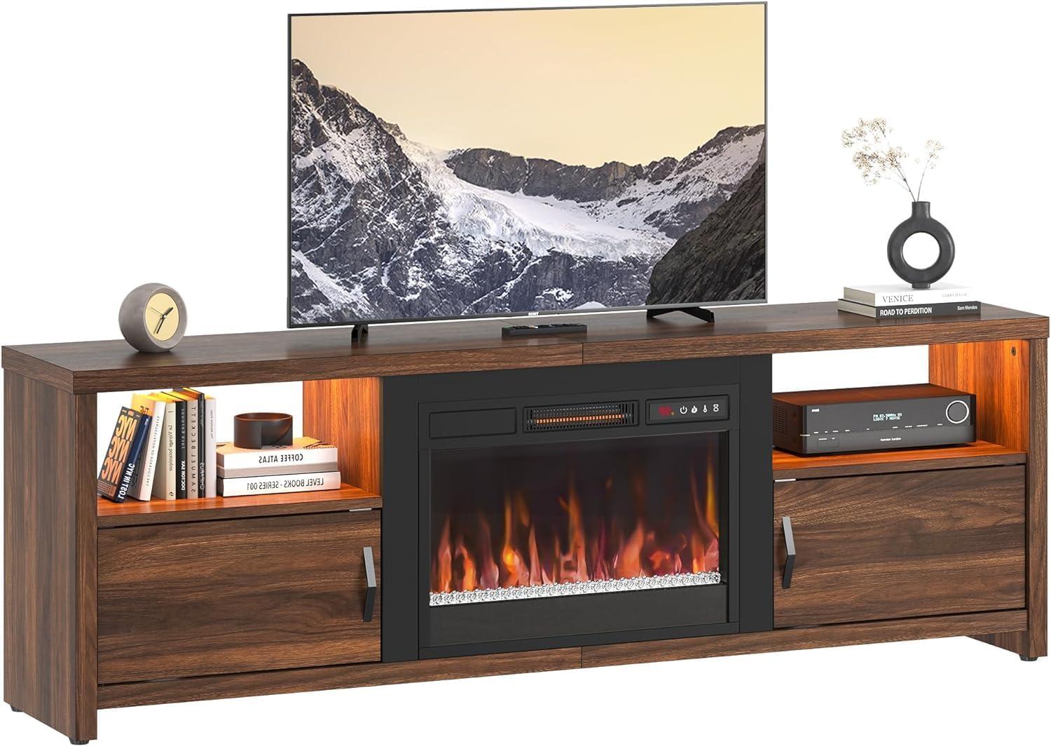 Walnut Electric Fireplace TV Stand with Cabinets for 75" TVs