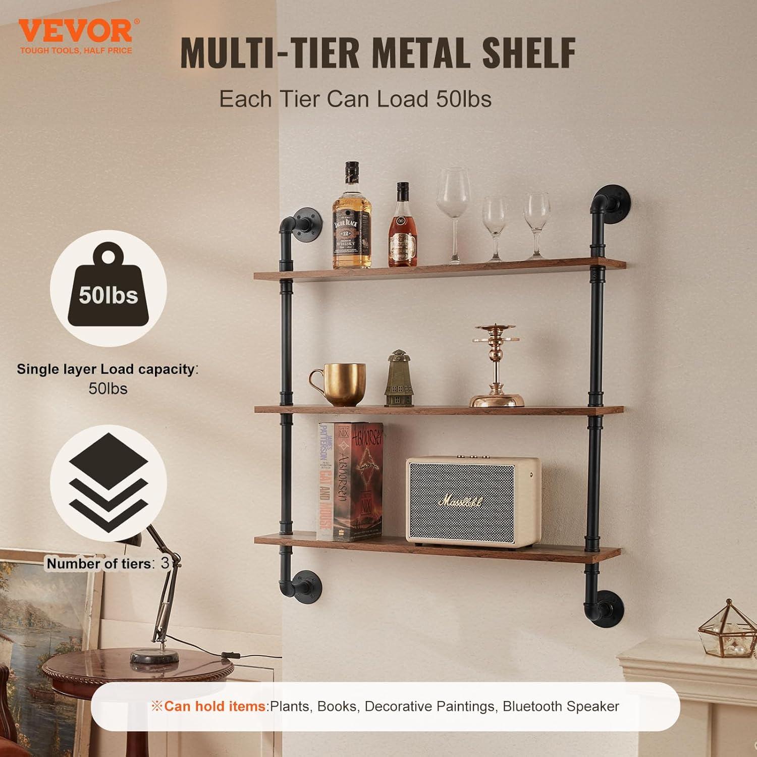 Industrial Pipe Shelf 3 Tier 8.07 in. W x 32.68 in. D Brown Wood Solid Decorative Wall Shelf Rustic Wood Shelves Bracket