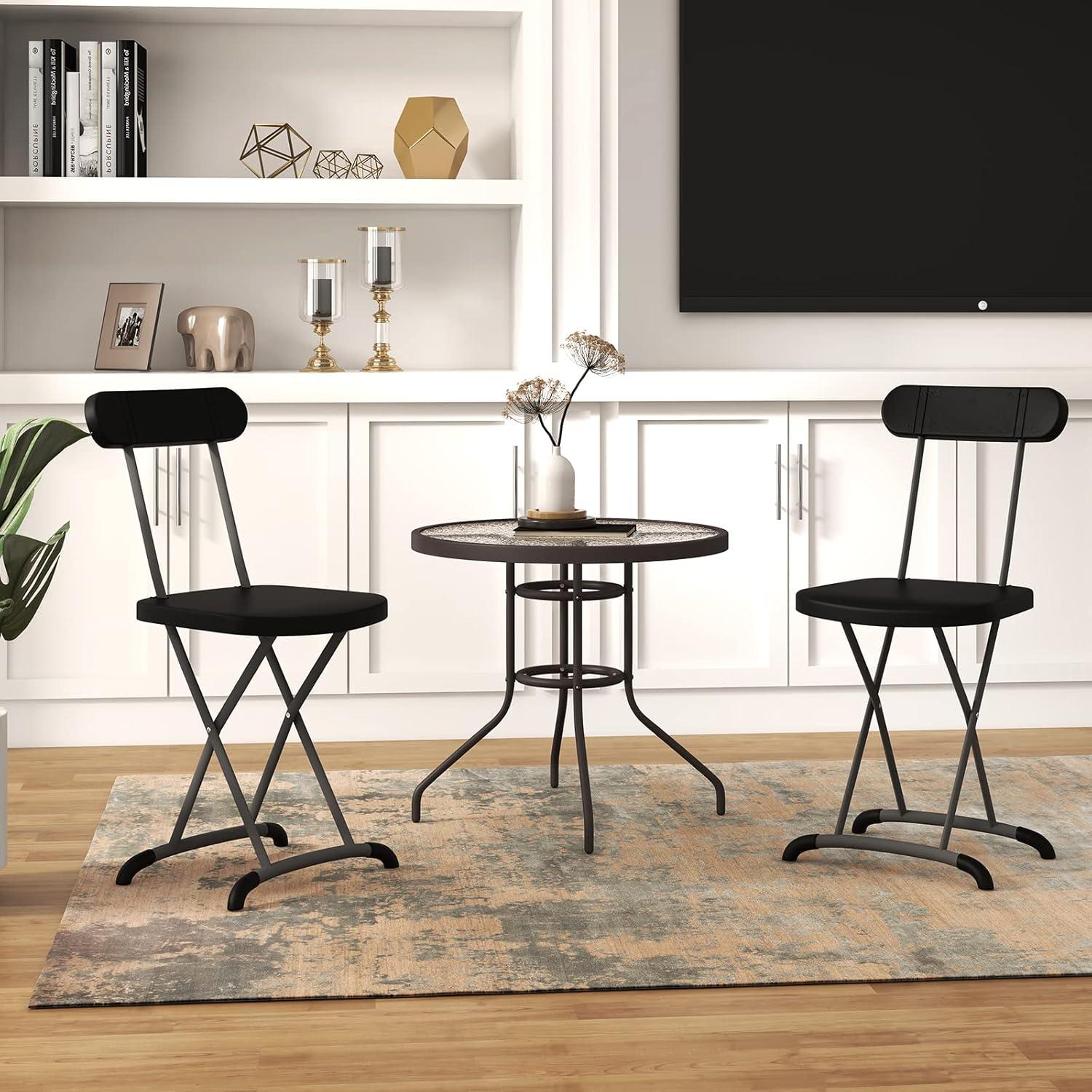 Black Metal Folding Dining Chairs with Ergonomic Backrest, Set of 2