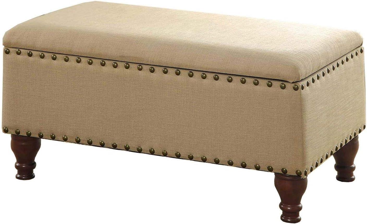 Elegant Tan Upholstered Storage Bench with Nailhead Trim and Wood Legs