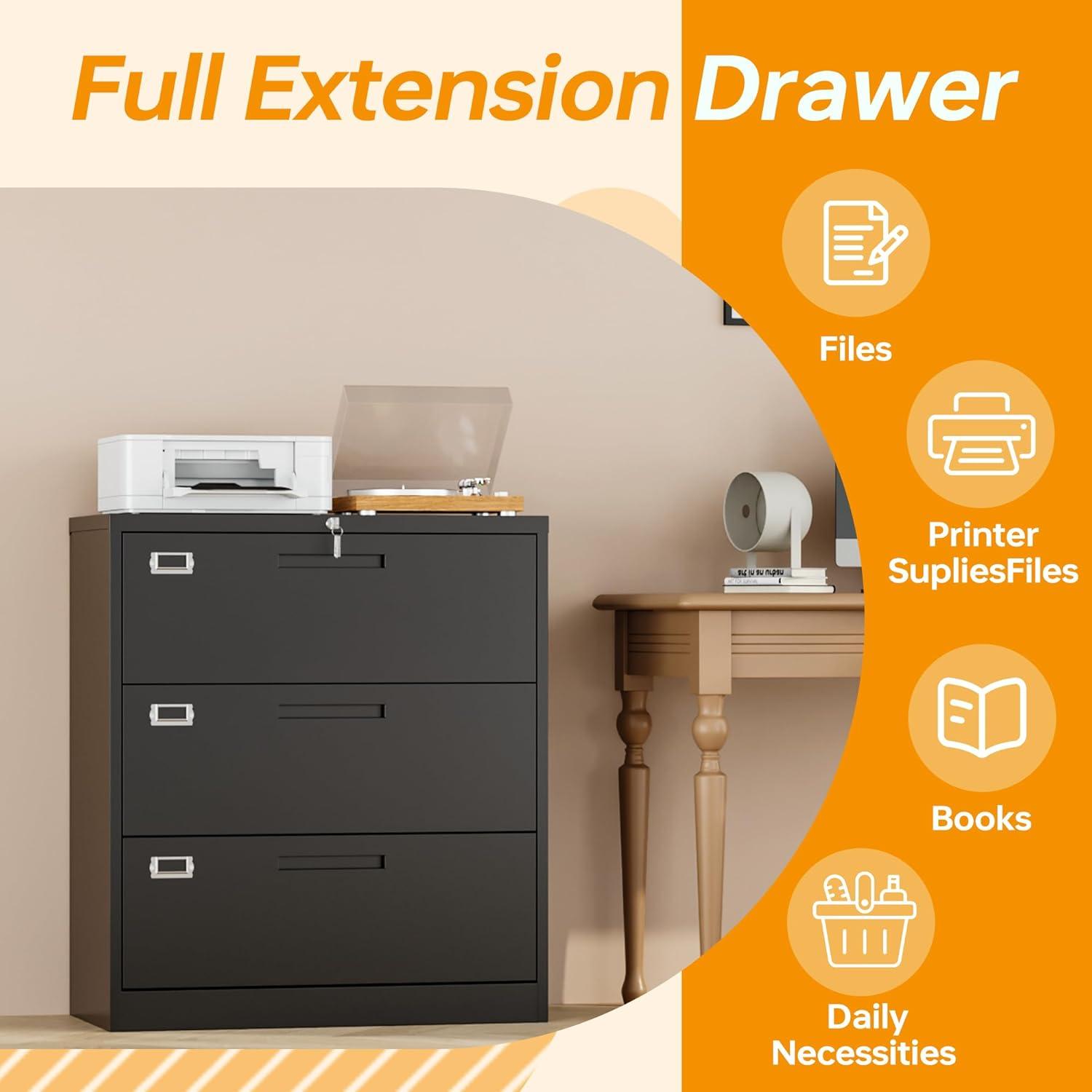 3 Drawer File Cabinet with Lock,Under Desk File Cabinet with Wheels,Black Rolling File Cabinet,Three Drawer Metal Filing Cabinet for Home Office,Fit A4/Letter/Legal File,Fully Assembled Except Casters