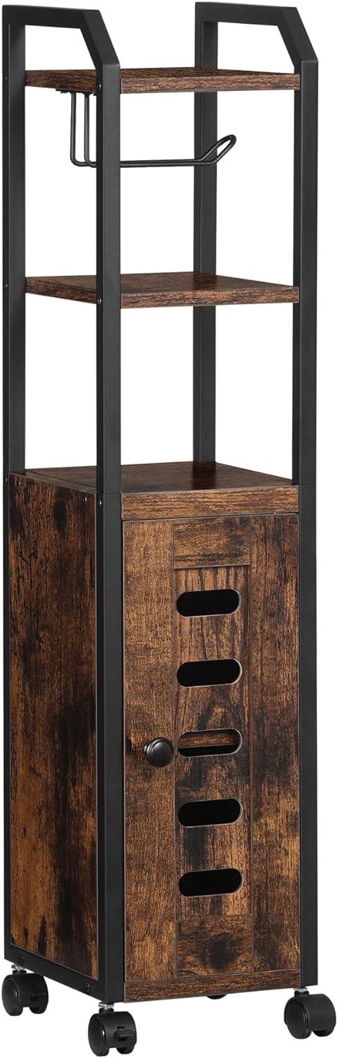 Rustic Brown and Black Bathroom Storage Cabinet with Wheels