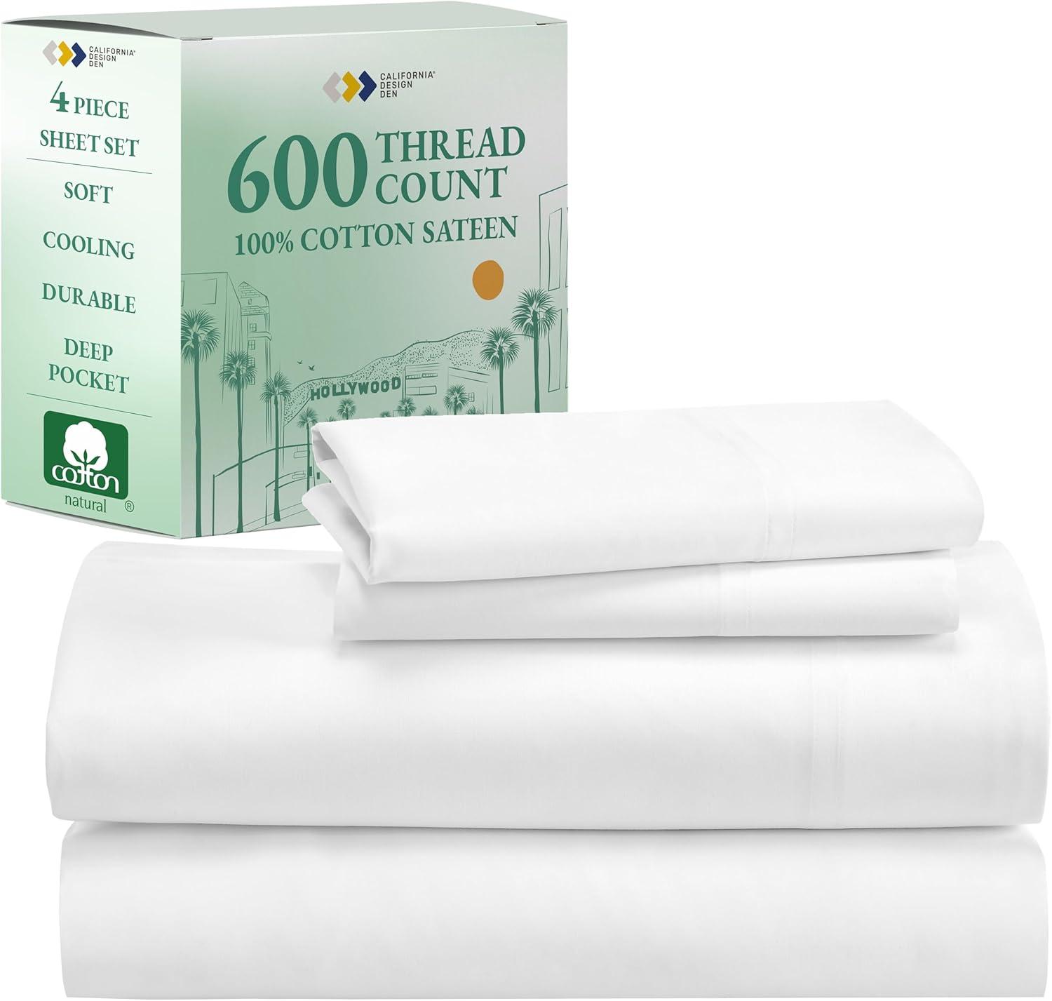 5-Star Luxury Sheet Set | 600 Thread Count 100% Cotton Sateen | Soft & Crisp Bed Sheets with Deep Pockets by California Design Den