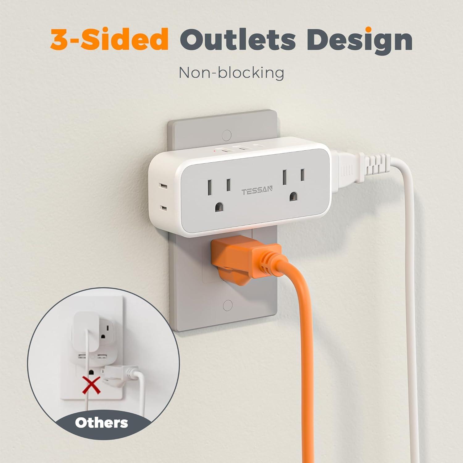 Outlet Extender Surge Protector, TESSAN Multi Wall Plug with 4 AC Electrical Outlets, 3 Sided Multiple Plug Expander, 1875W Max, Power Splitter 3 Prong Adapter for Home Bathroom Office Dorm Room