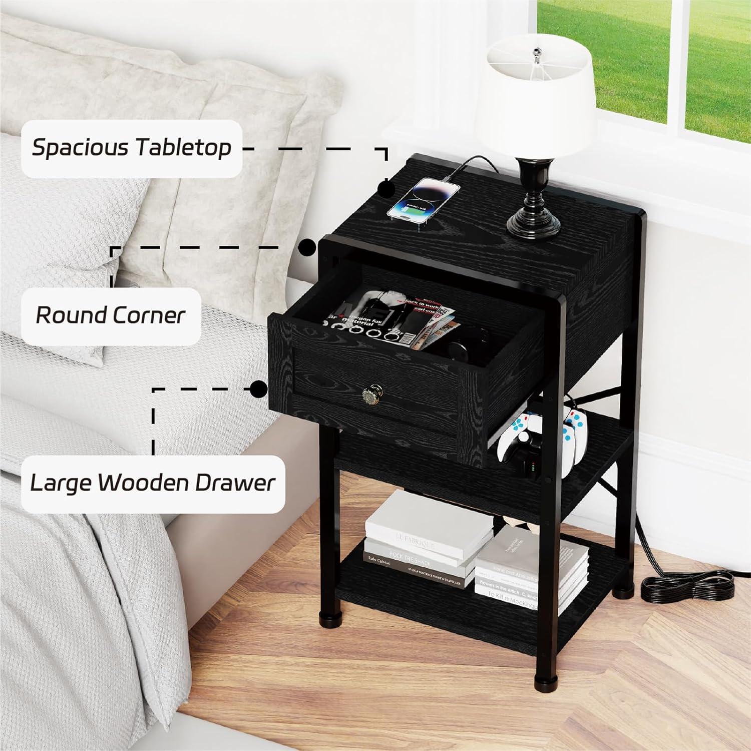 Nightstand End Table with Charging Station, USB Ports, Drawer and Storage Shelf, Black