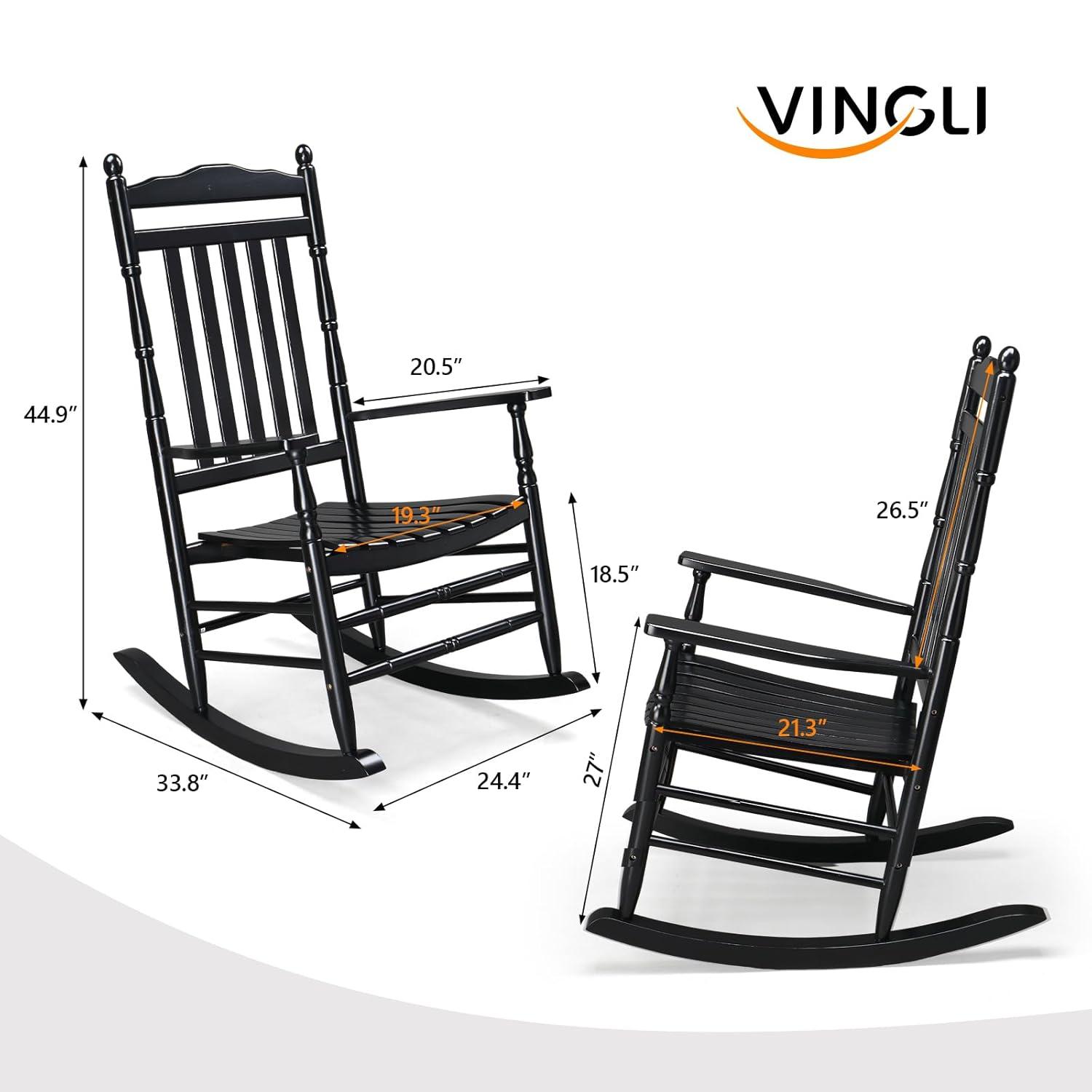 VINGLI Wooden Rocking Chair, Outdoor Chair with 450 lbs Support, Relaxing Rocker Solid with Wood High Back Seat Reclining Seat for Deck, Garden, Backyard, Porch, Indoor or Outdoor Use, Black