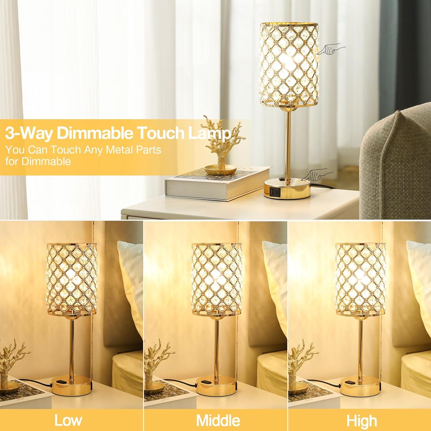 Crystal Touch Control Table Lamp - Dimmable Bedside Lamp with USB-C+A and AC Charging Ports, 3-Way USB Gold Lamp, Desk Light for Bedroom, Living Room, Home Office (Bulb Included, Set of 2)