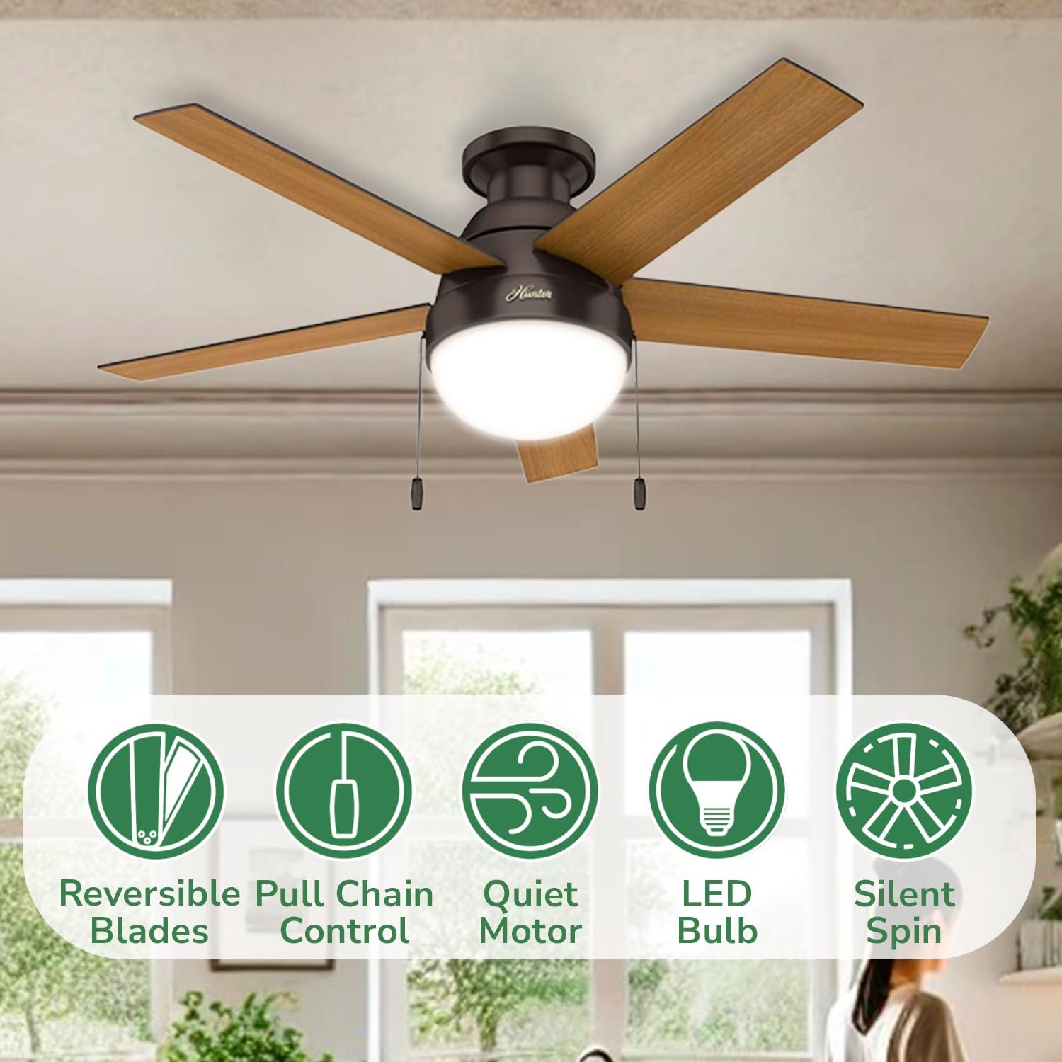 46" Anslee 5 - Blade LED Flush Mount Ceiling Fan with Pull Chain and Light Kit Included