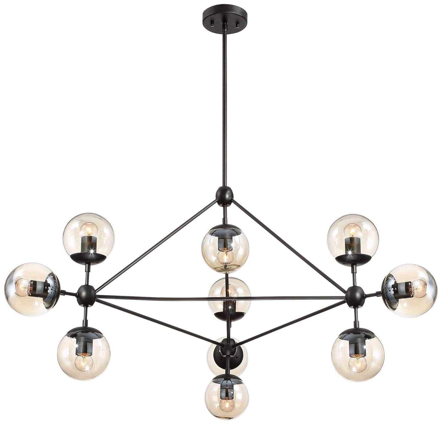 Possini Euro Design Gable Black Large Chandelier 41 1/2" Wide Mid Century Modern Cognac Glass Shade 10-Light Fixture for Dining Room Kitchen Island