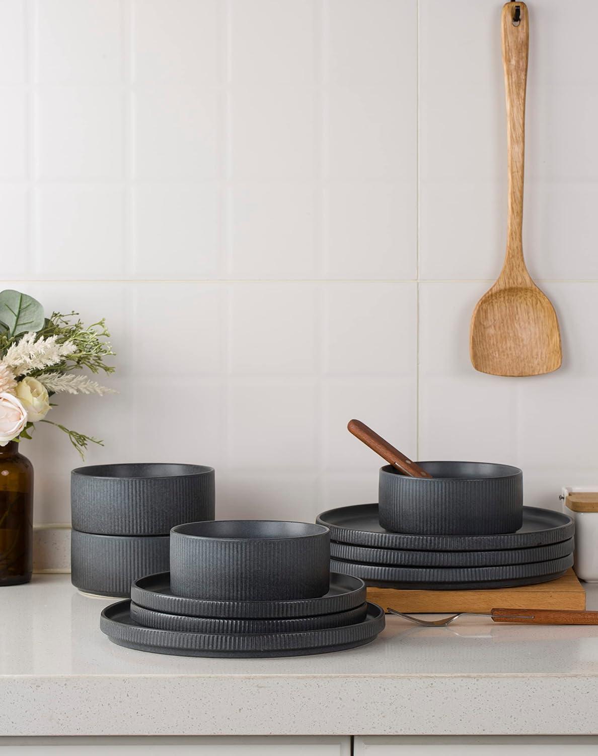 Matte Dark Charcoal Ceramic Dinnerware Set, Service for 4