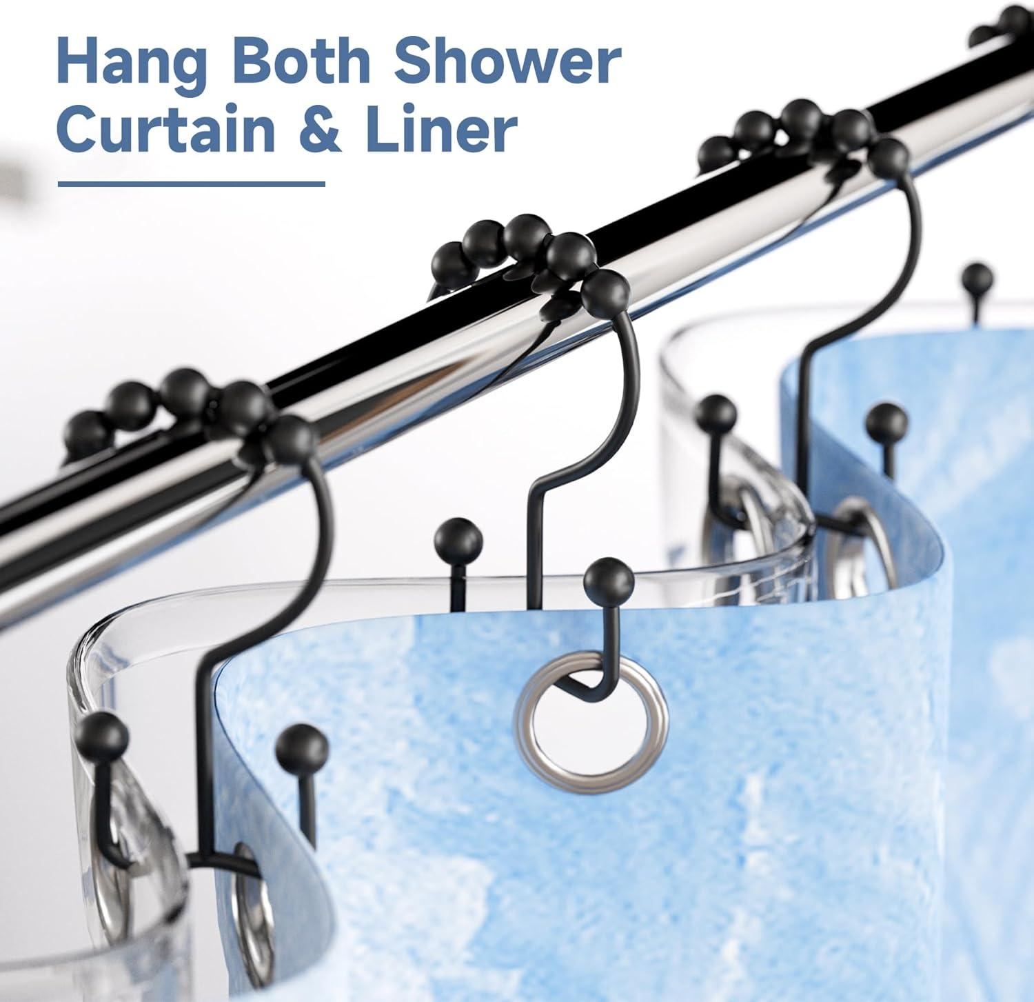 AmazerBath Black Shower Curtain Hooks Rings, Rust-Resistant Metal Double Glide Shower Hooks for Bathroom Shower Rods Curtains, Set of 12 Hooks - Matte Black