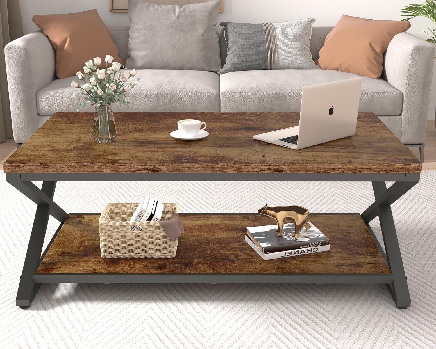 Rustic Brown Metal Frame Rectangular Coffee Table with Storage