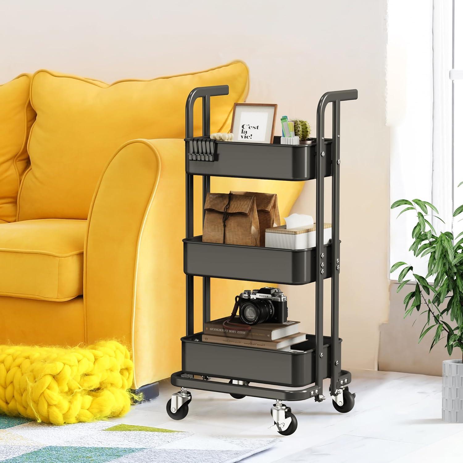 3-Tier Metal Mobile Cart, Foldable, Locking Wheels for Utility, Craft, Storage, Organization, Black