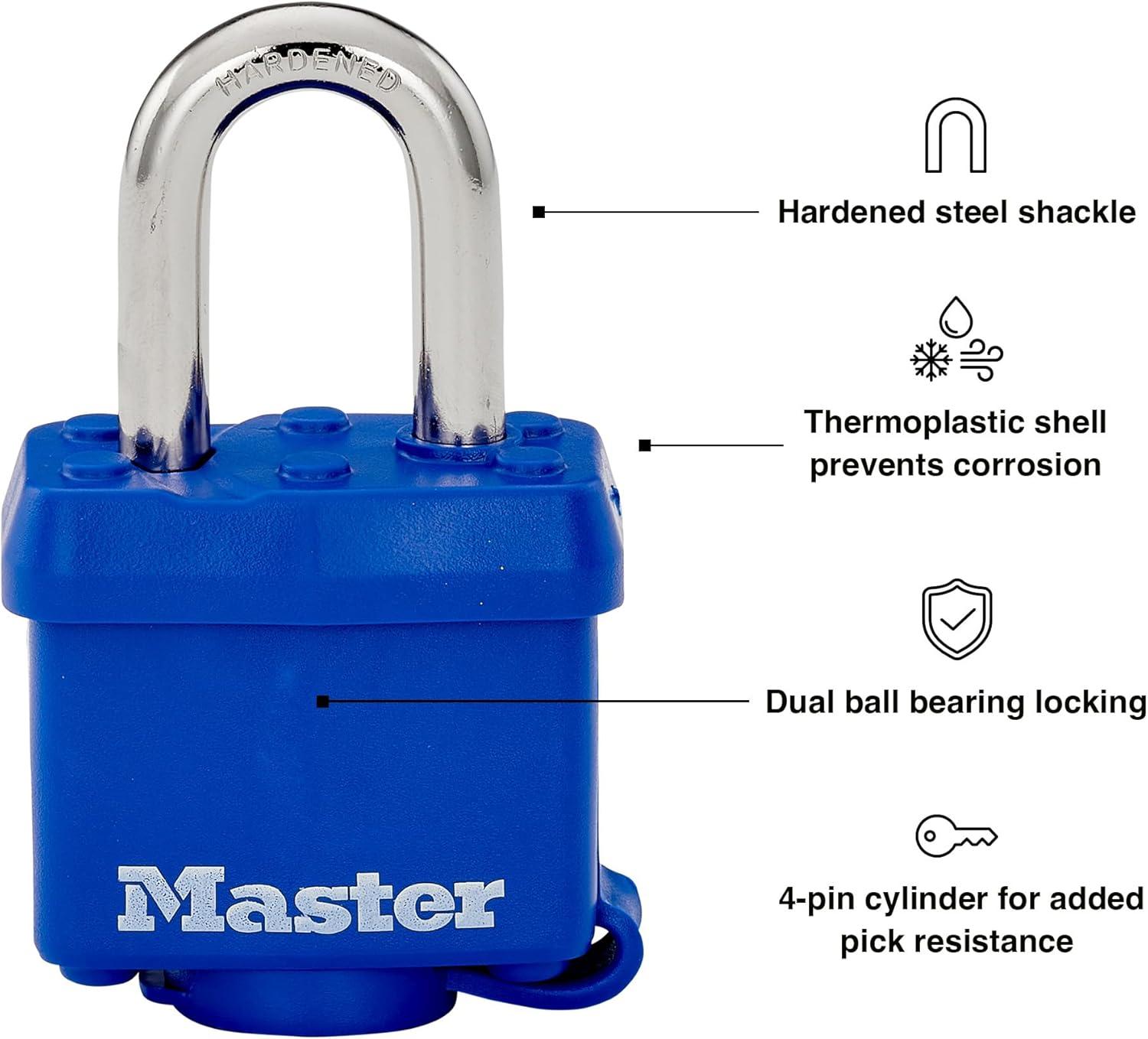 Master Lock Covered Laminated Steel 1-9/16in (40mm) Padlock with Key, 1-1/16 in (27mm) Shackle