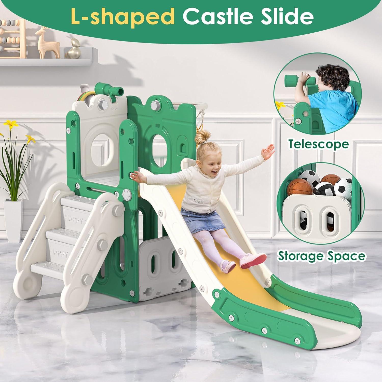 Green and Yellow L-Shaped 7-in-1 Toddler Slide with Basketball Hoop