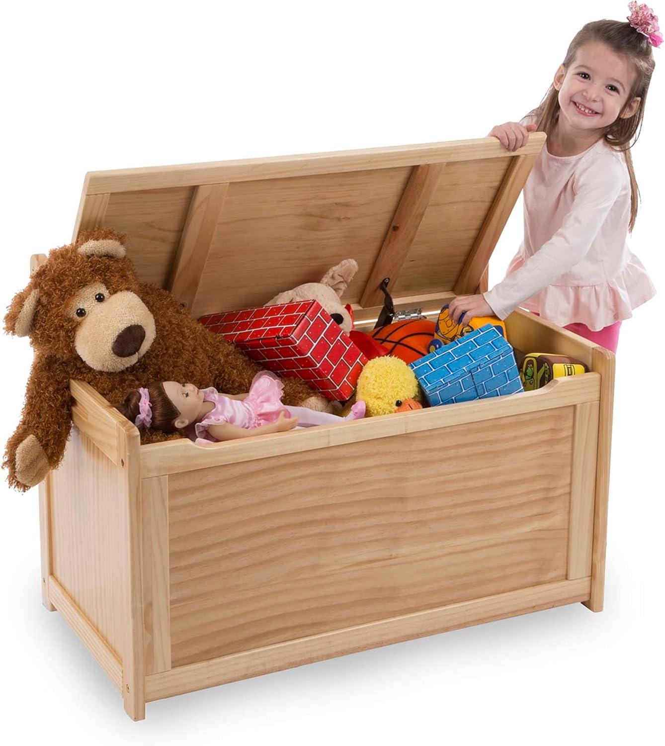 Light Wood Toy Chest with Safety-Hinged Lid