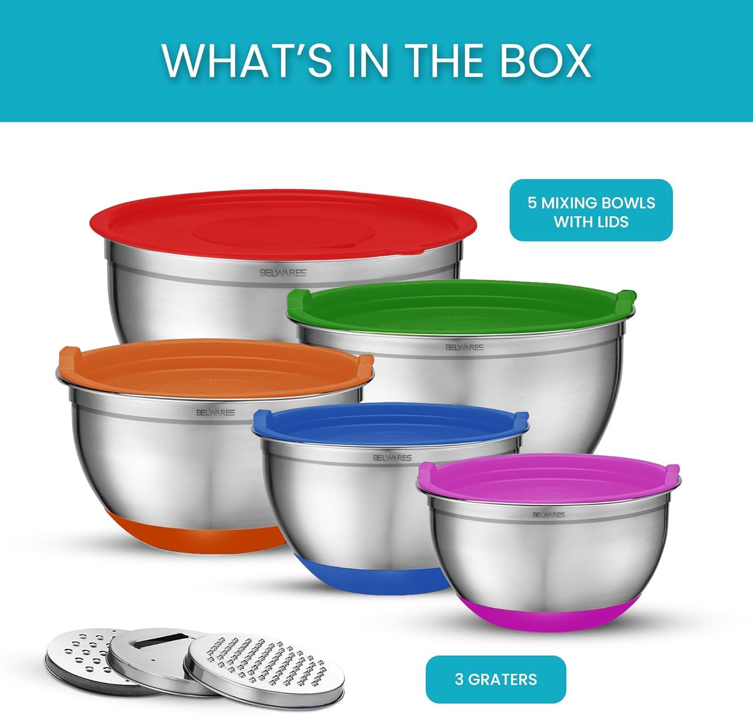 Toledo Bath & Kitchen Stainless Steel Mixing Bowls With Lids, 5-Pack Metal Nesting Bowls With Airtight Covers For Cooking, Baking, Serving, Storage, Non-Toxic & Dishwasher Safe, Size 4.6/3/1.5/1/0.7QT - Khaki