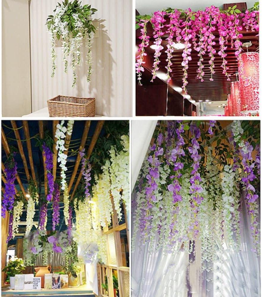 MAMOWEAR 12pcs Artificial Flower Wisteria Vines 3.6 Feet Fake Ratta Hanging Garland Silk Flowers String for Wedding Party Garden Outdoor Greenery Home Wall Décor(White)