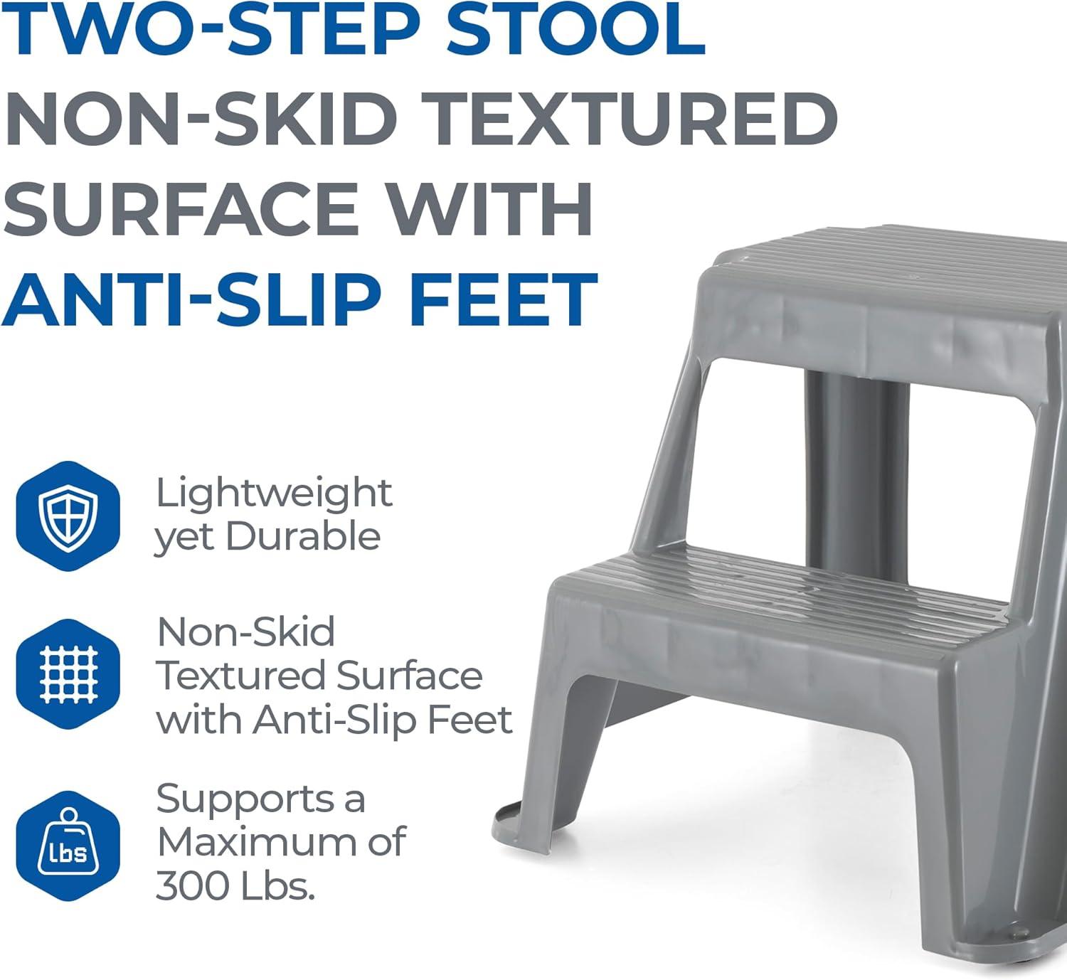 Gracious Living Plastic 2-Step Stool, Portable Step Stool for Home or Work, 16 Inches Tall, Gray