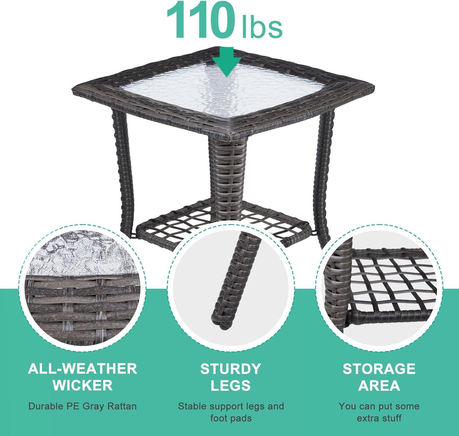 Gray Wicker Outdoor End Table with Glass Top and Storage Shelf