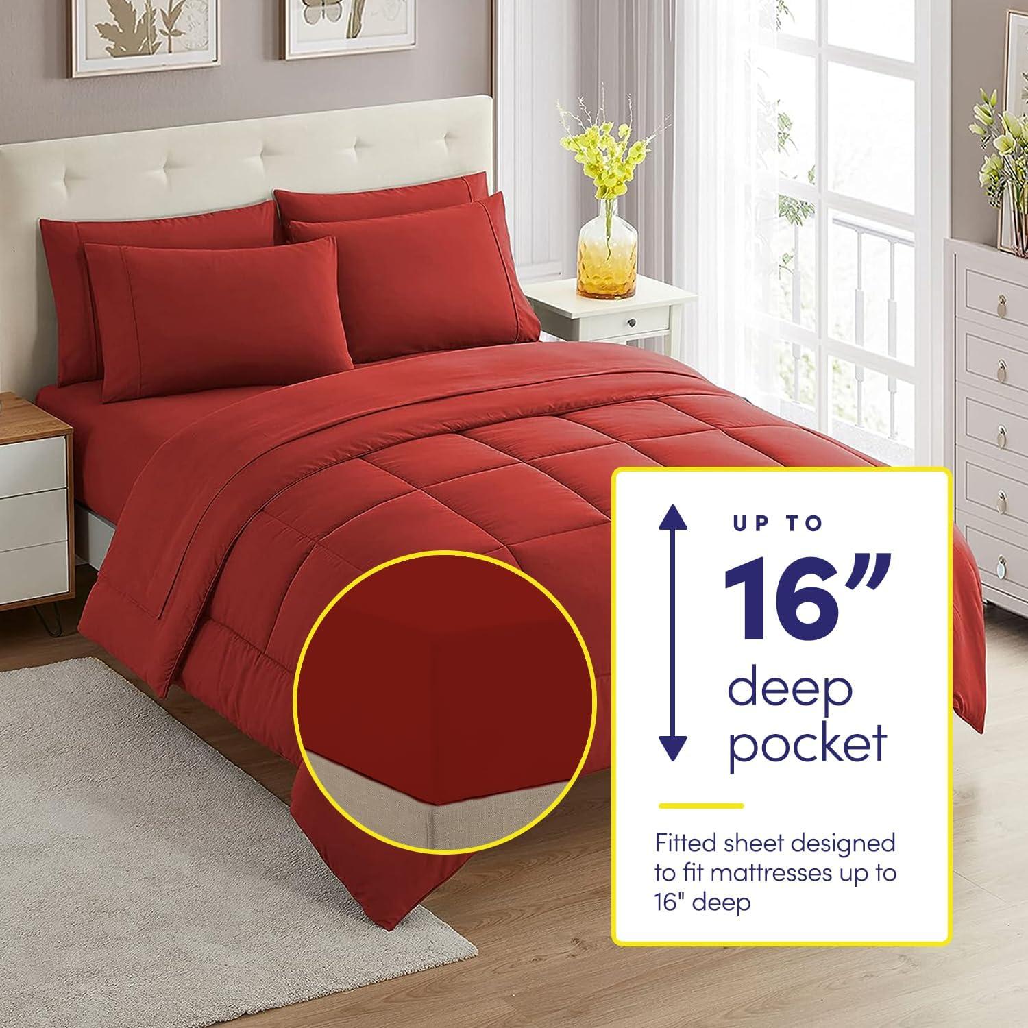 Bed-in-A-Bag Solid Color Comforter & Sheet Set Soft All Season Bedding, King, Red