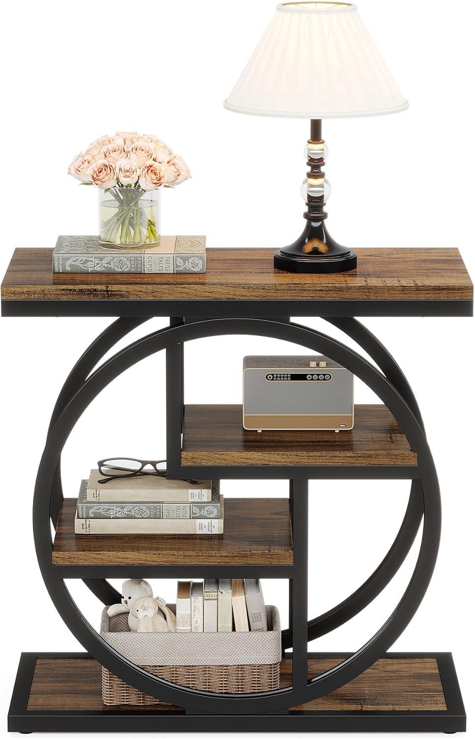 Rustic Brown 4-Tier Wood and Metal Geometric End Table