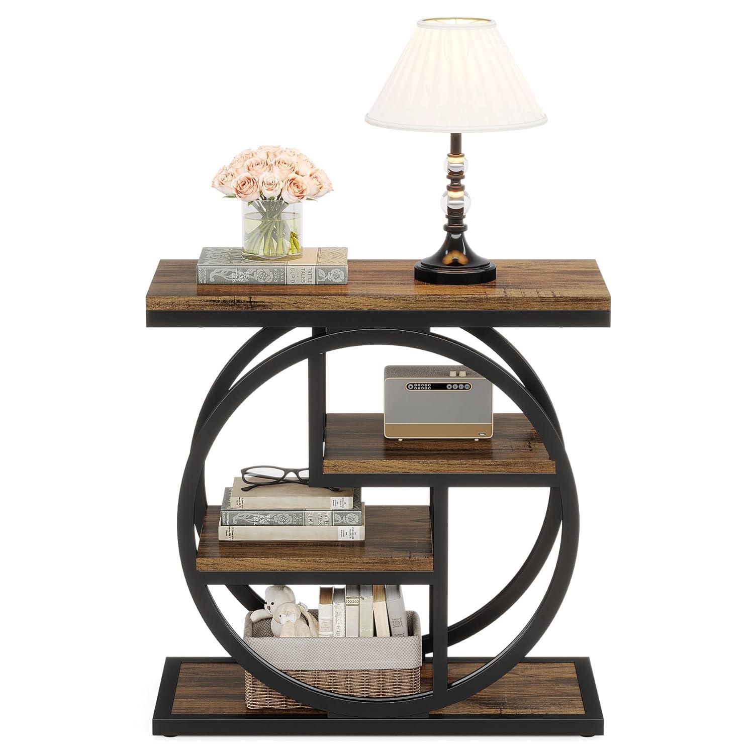 Finmind 4-Tier End Table, Wooden Small Indusrtial Bedside Sofa Table for Bedroom, Rustic Brown