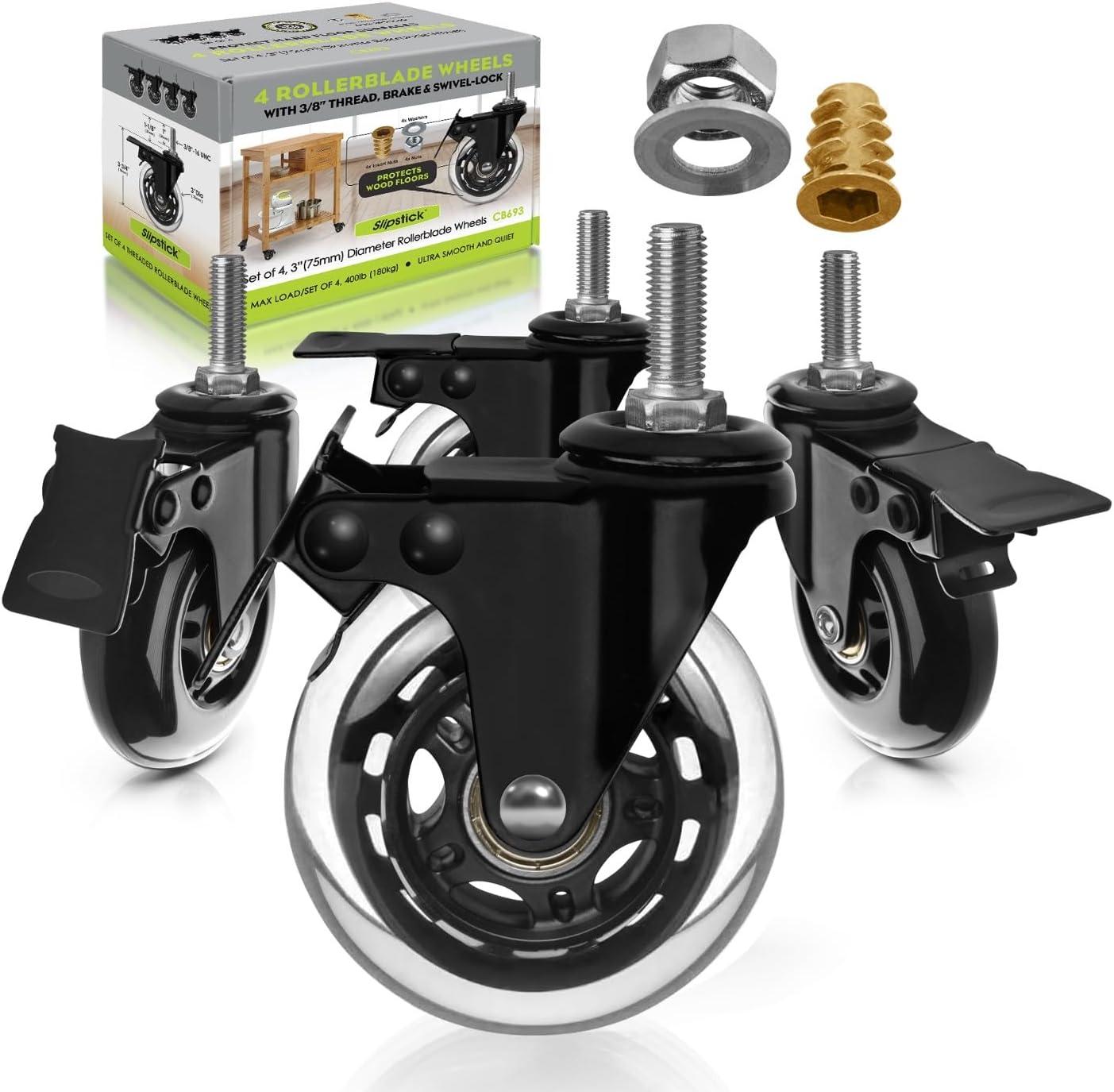 Slipstick CB693 Premium 3 Inch Rubber Caster Wheels with Brake (4 Pack) Replacement Rollerblade Style Swivel Casters with 3/8”– 16x1” Threaded Stem, Includes Mounting Hardware, Black / Clear Castor