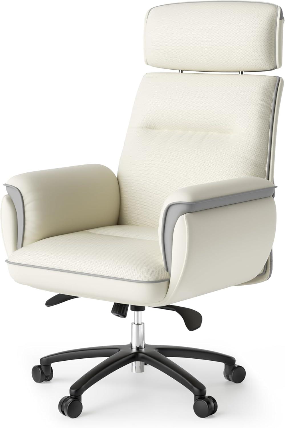 Beige White High Back Swivel Leather Executive Chair