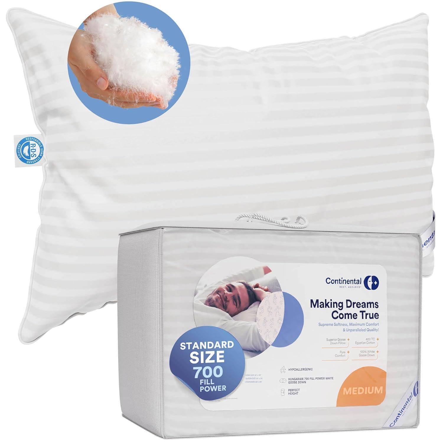ContinentalBedding 700 Fill Power 100% White Goose Down Bed Pillows 100% Cotton Firm, Medium and Soft (1 Pillow)