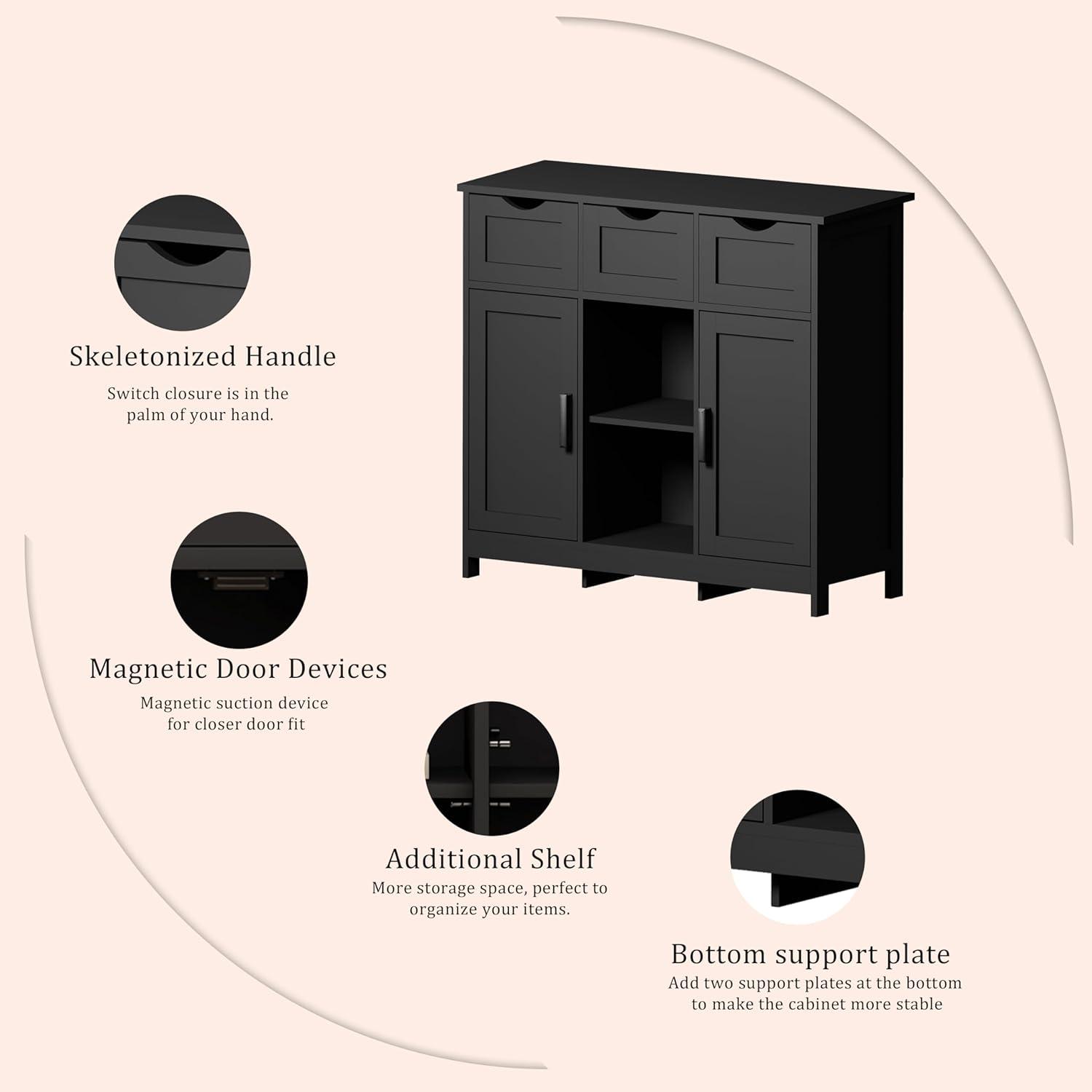 Black Storage Cabinets, Wooden Floor Cabinet,Coffee Bar Cabinet with 3 Drawers and 2 Doors,Free-Standing Cupboard for Kitchen,Living Room,Bathroom Diningroom