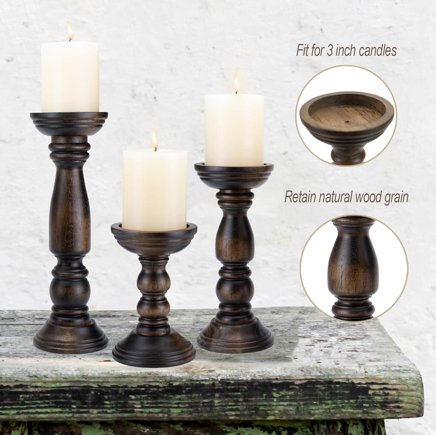 DecMode 3 Candle Brown Wood Candle Holder, Set of 3
