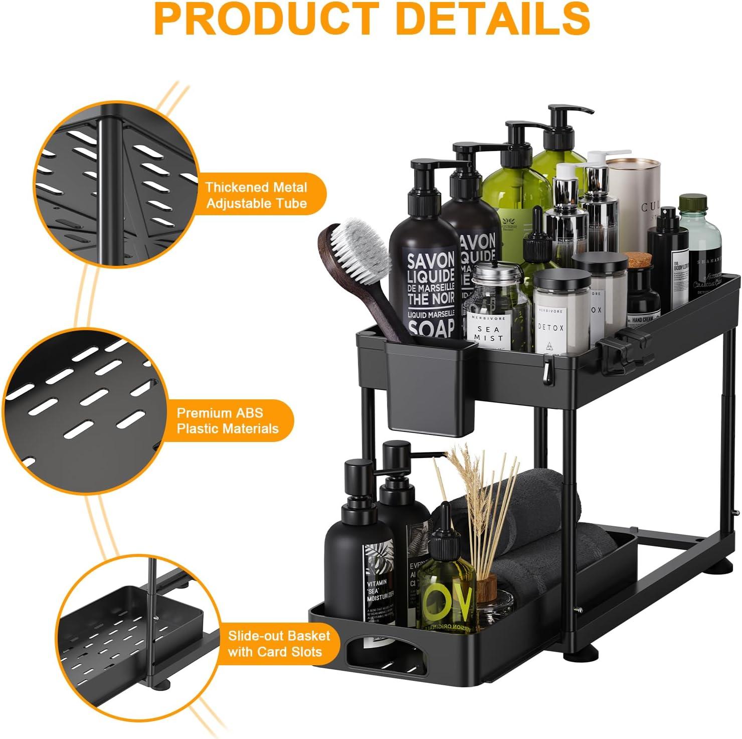 Rebrilliant Under Sink Organizers And Storage, 2 Pack Height Adjustable Bathroom Cabinet Organizer, 2 Tier Sliding Under Sink Organizer, Sturdy Pull Out Bathroom Storage, With 12 Hooks & Hanging Cups, Black
