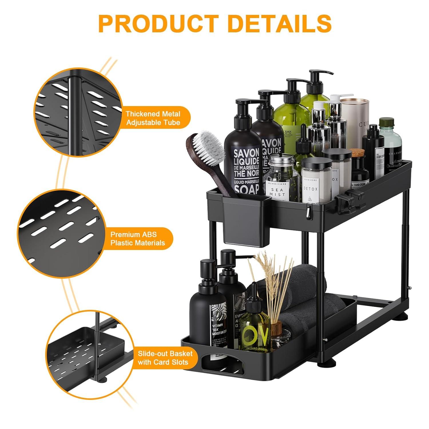 Rebrilliant Under Sink Organizers And Storage, 2 Pack Height Adjustable Bathroom Cabinet Organizer, 2 Tier Sliding Under Sink Organizer, Sturdy Pull Out Bathroom Storage, With 12 Hooks & Hanging Cups, Black
