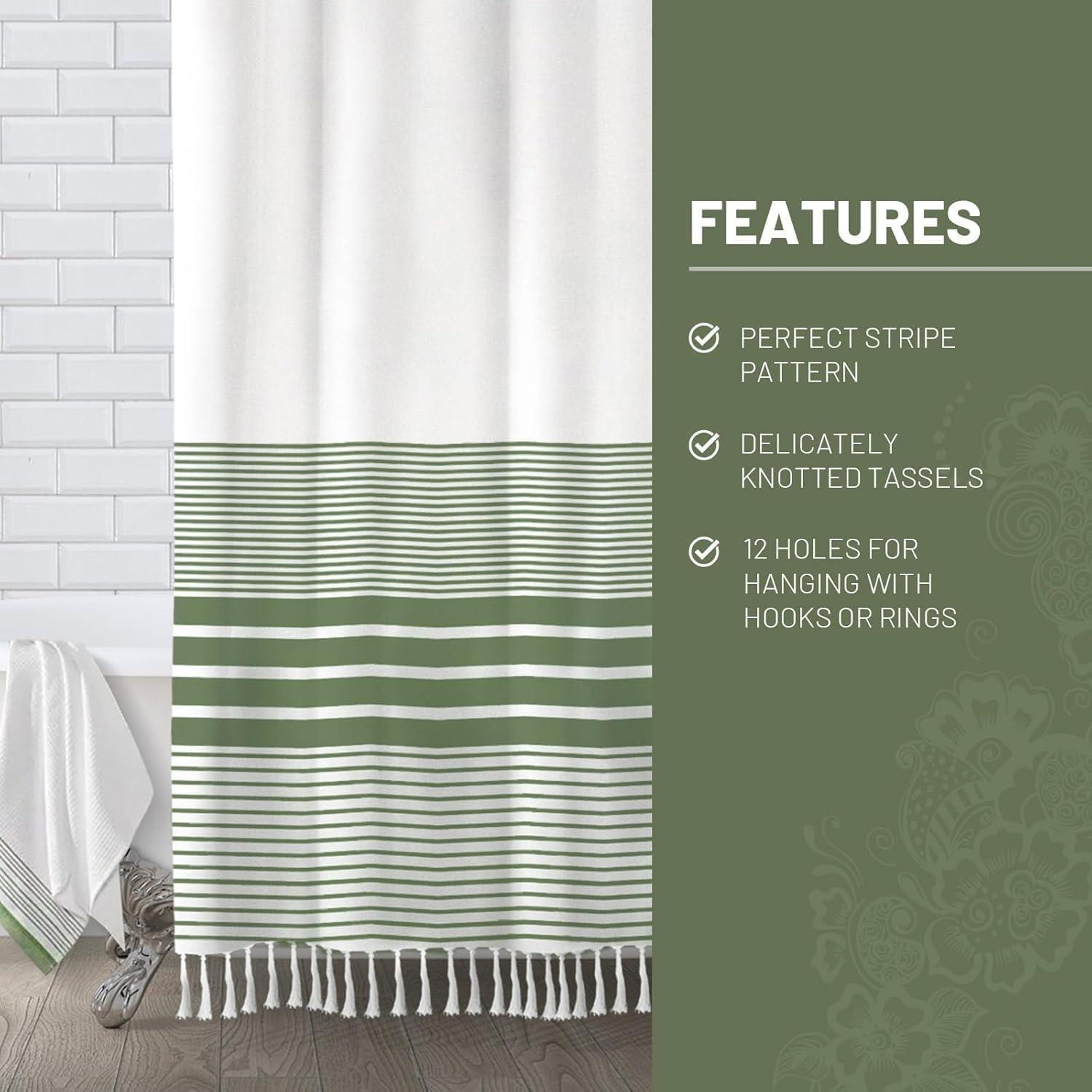 Sage Green and White Striped Boho Shower Curtain with Tassels