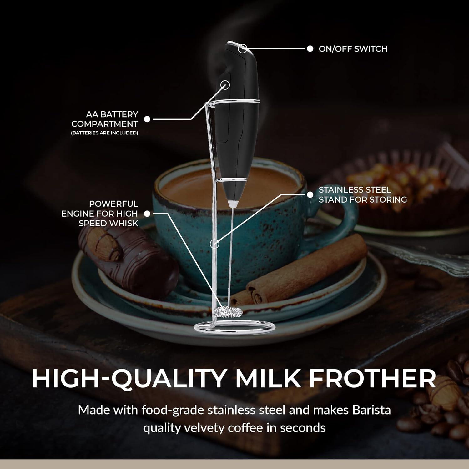 ChefWave Handheld Milk Frother (Black) with Stand - Stainless Steel Drink Mixer - Milk Foamer for Coffee, Lattes, Cappuccino, Frappe, Matcha, Hot Chocolate