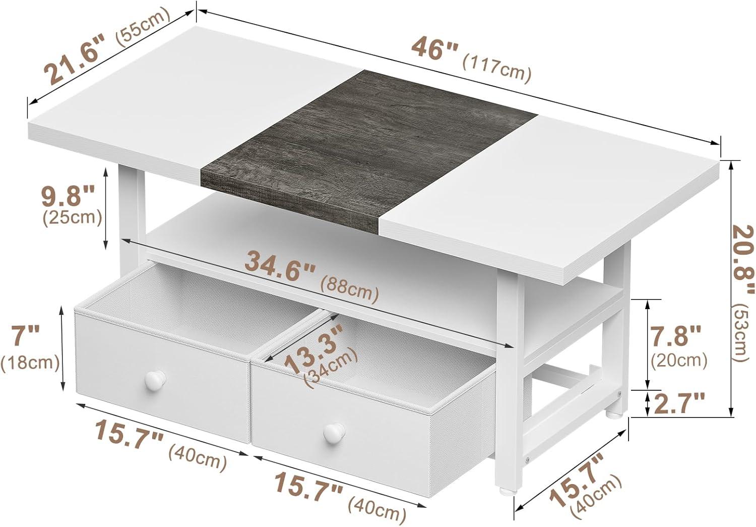 2-Tier Coffee Table with Storage Shelf and 2 Drawers, 46'' Rectangular Center Table Wood Top for Living Room Reception Room, Metal Frame, Easy Assembly, Antique White