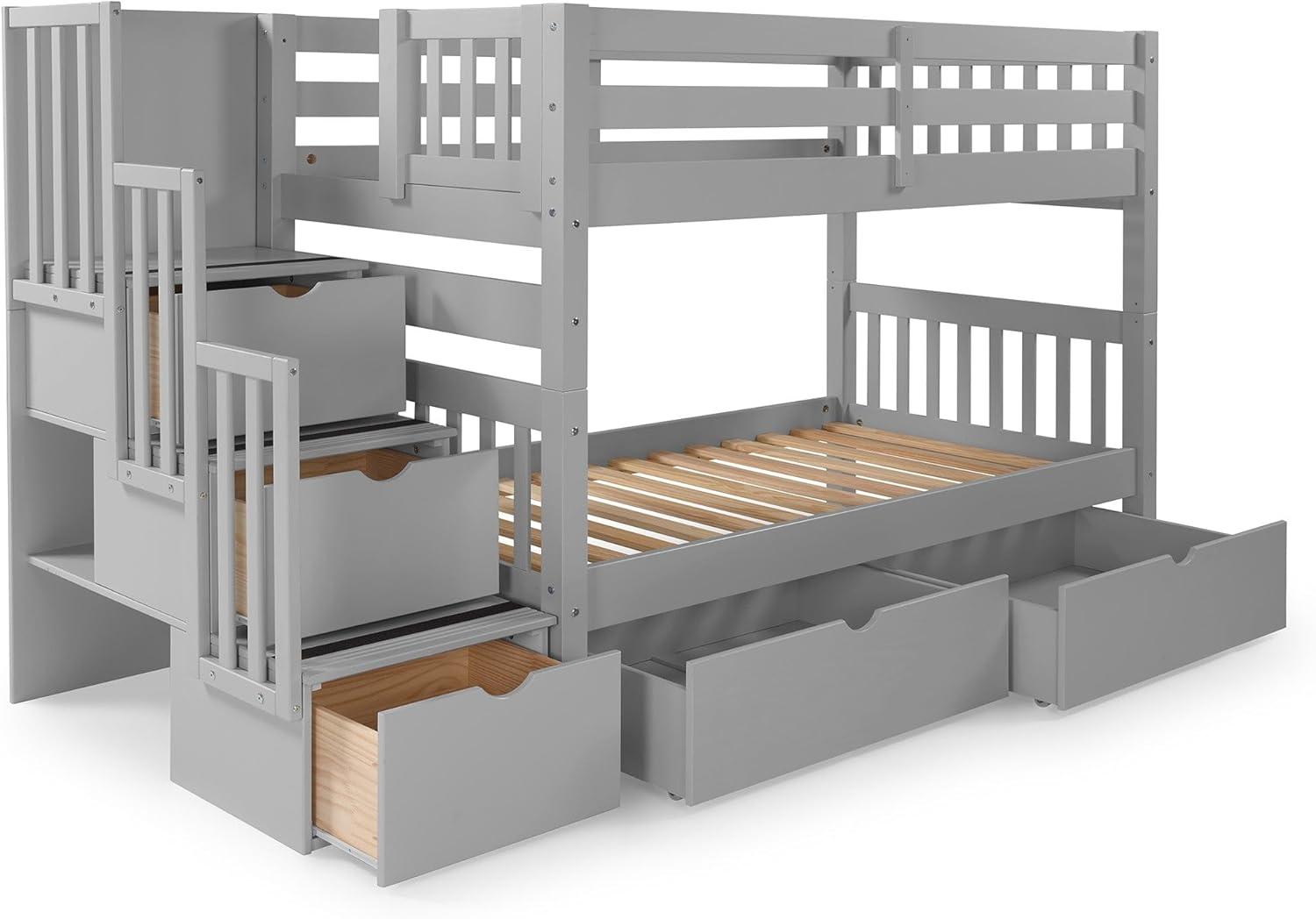 Bedz King Stairway Bunk Beds Twin over Twin with 3 Drawers in the Steps and 2 Under Bed Drawers, Dark Cherry
